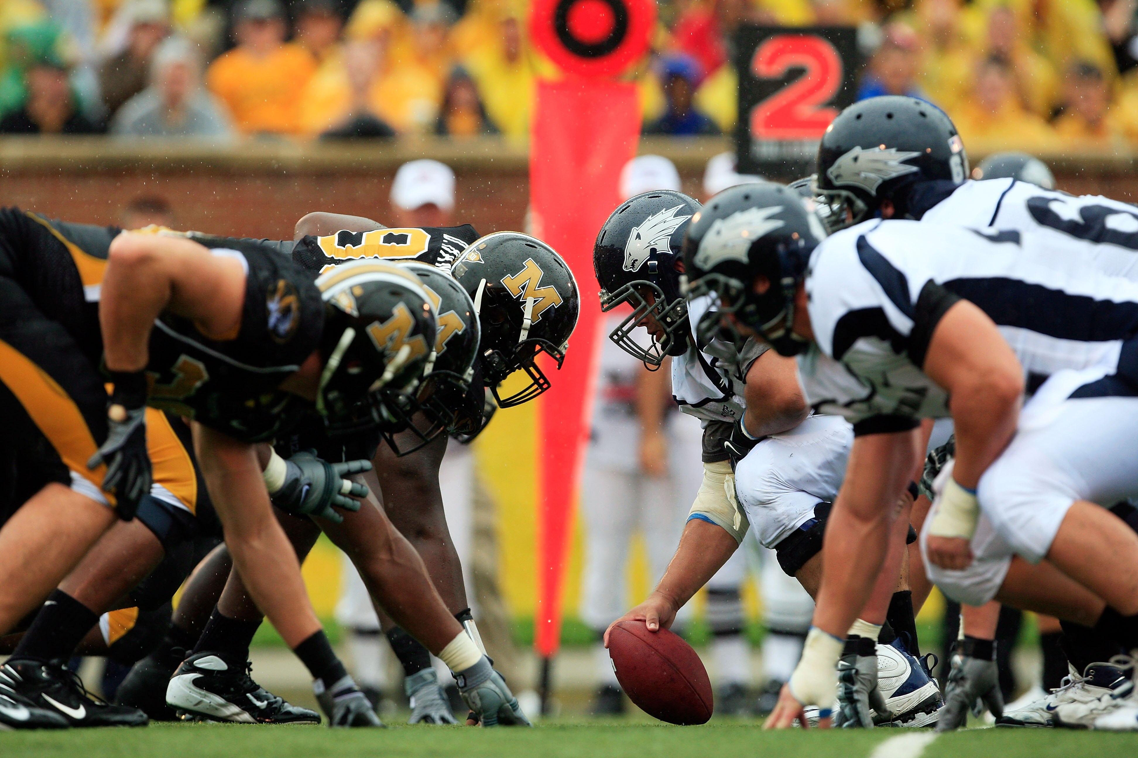 COLUMBIA, MO - SEPTEMBER 13: The Nevada Wolf Pack offense faces off against the Missouri Tigers defense during the first half of the game on September 13, 2008 at Memorial Stadium in Columbia, Missouri. (Photo by Jamie Squire/Getty Images) COLUMBIA, MO - SEPTEMBER 13: The Nevada Wolf Pack offense faces off against the Missouri Tigers defense during the first half of the game on September 13, 2008 at Memorial Stadium in Columbia, Missouri. (Photo by Jamie Squire/Getty Images)