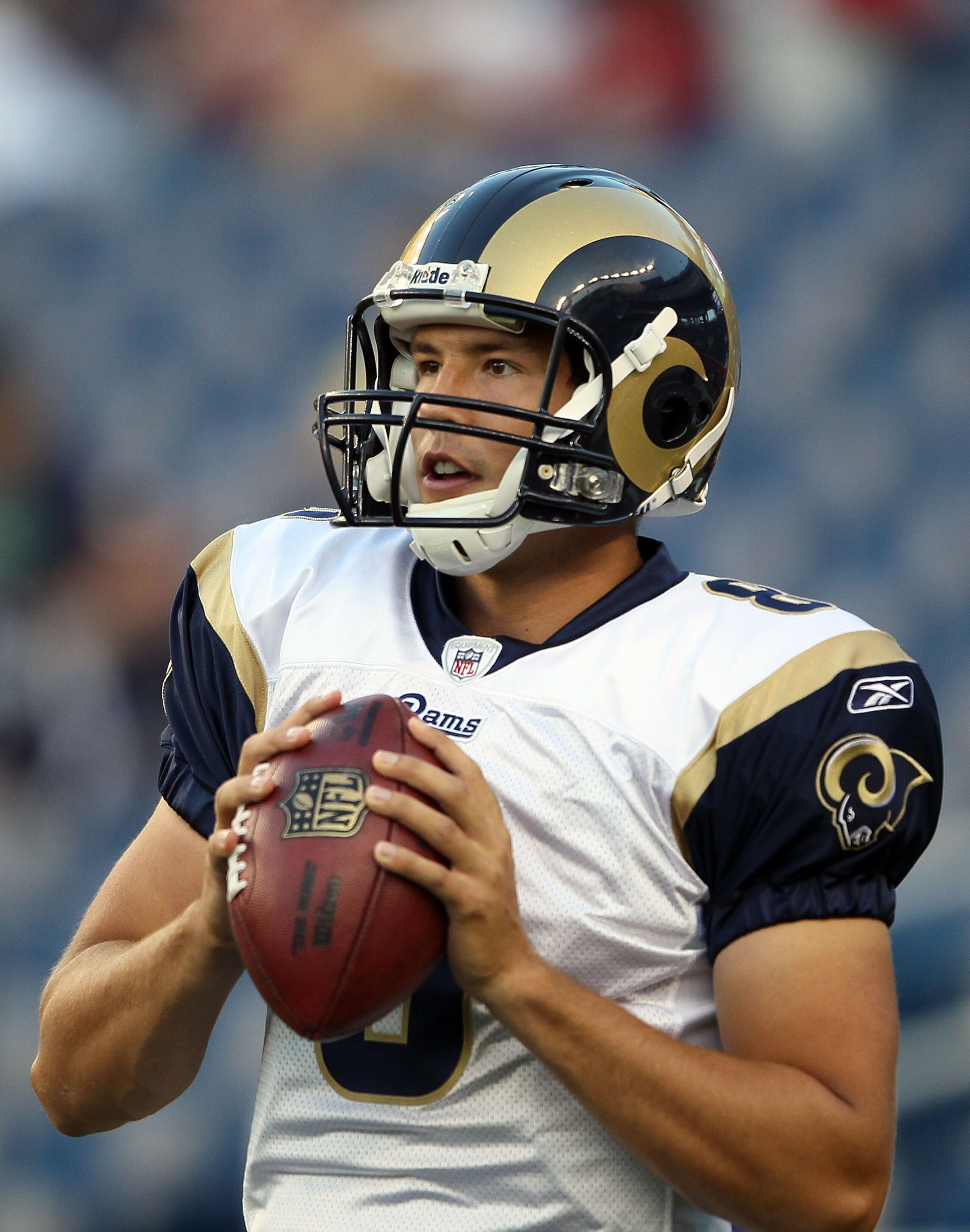 FOXBORO, MA - AUGUST 26:  Sam Bradford #8 of the St. Louis Rams looks on before the game against the New England Patriots on August 26, 2010 at Gillette Stadium in Foxboro, Massachusetts.  (Photo by Elsa/Getty Images)