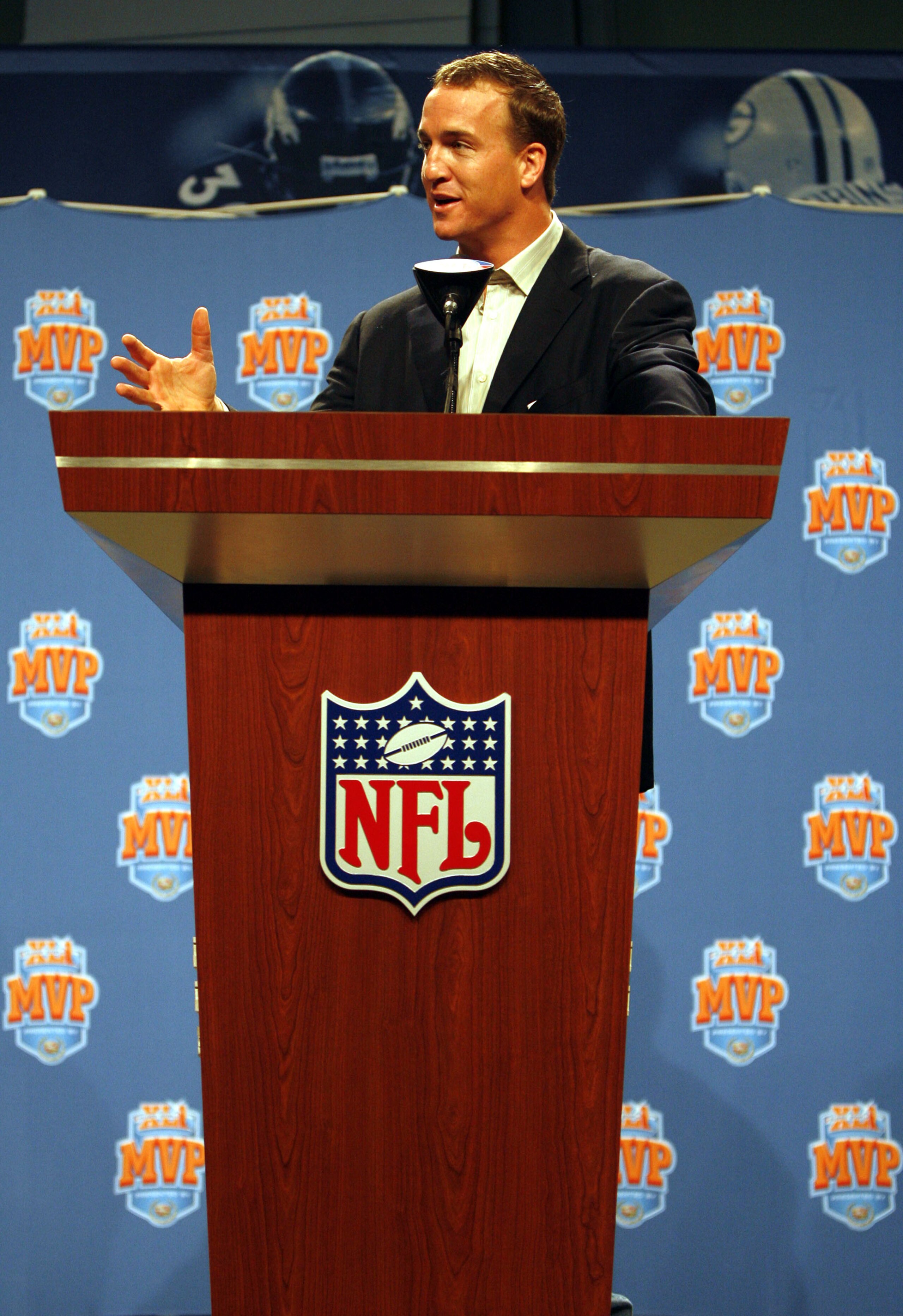 MIAMI - FEBRUARY 5: Quarterback Payton Manning #18 of the Indianapolis Colts speaks to the media after receiving the Superbowl LXI MVP award and a new 2007 Cadillac at the Miami Beach Convention Center on February 5, 2007 in Miami Beach, Florida. (Photo b