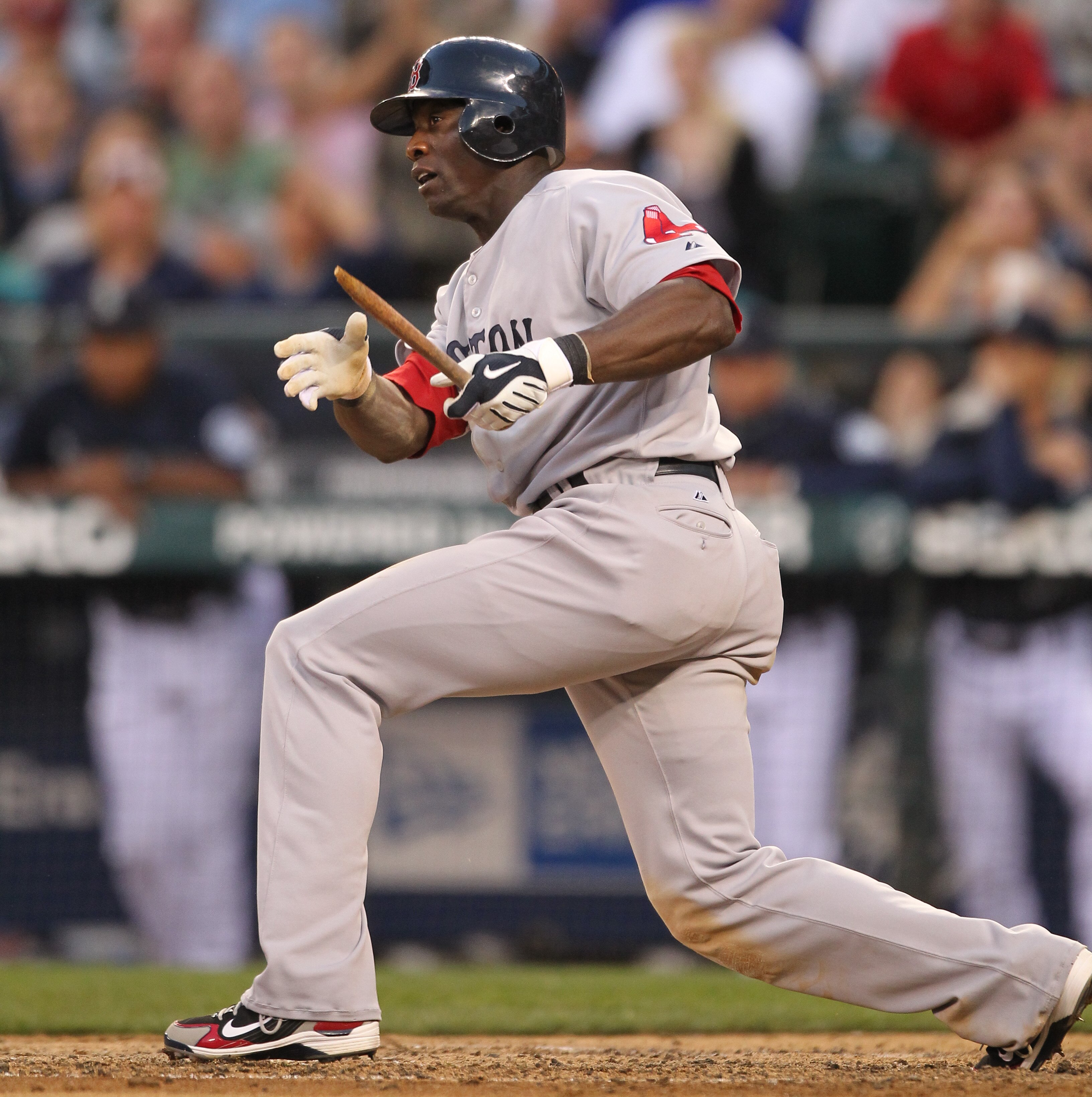 SEATTLE - JULY 23: Mike Cameron #23 of the Boston Red Sox breaks his bat against the Seattle Mariners at Safeco Field on July 23, 2010 in Seattle, Washington. (Photo by Otto Greule Jr/Getty Images)