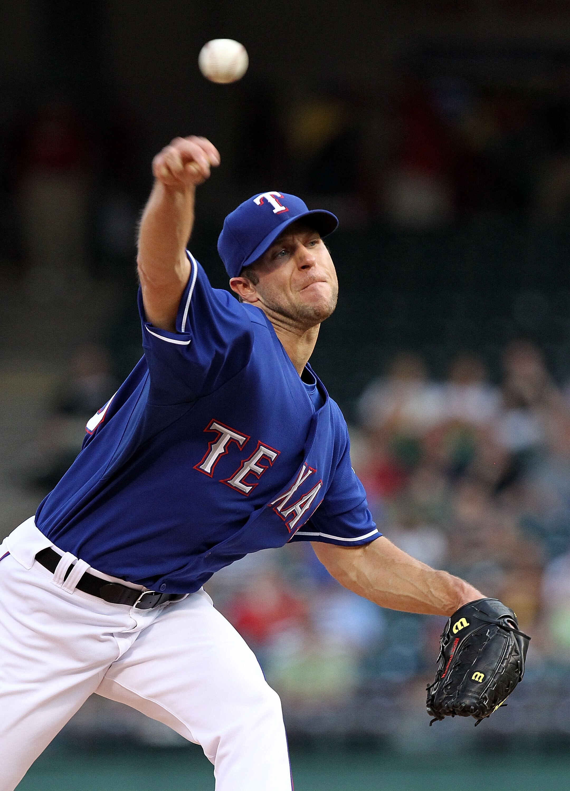 ARLINGTON, TX - MAY 19:  Pitcher Rich Harden #40 of the Texas Rangers throws against the Baltimore Orioles on May 19, 2010 at Rangers Ballpark in Arlington, Texas.  (Photo by Ronald Martinez/Getty Images)