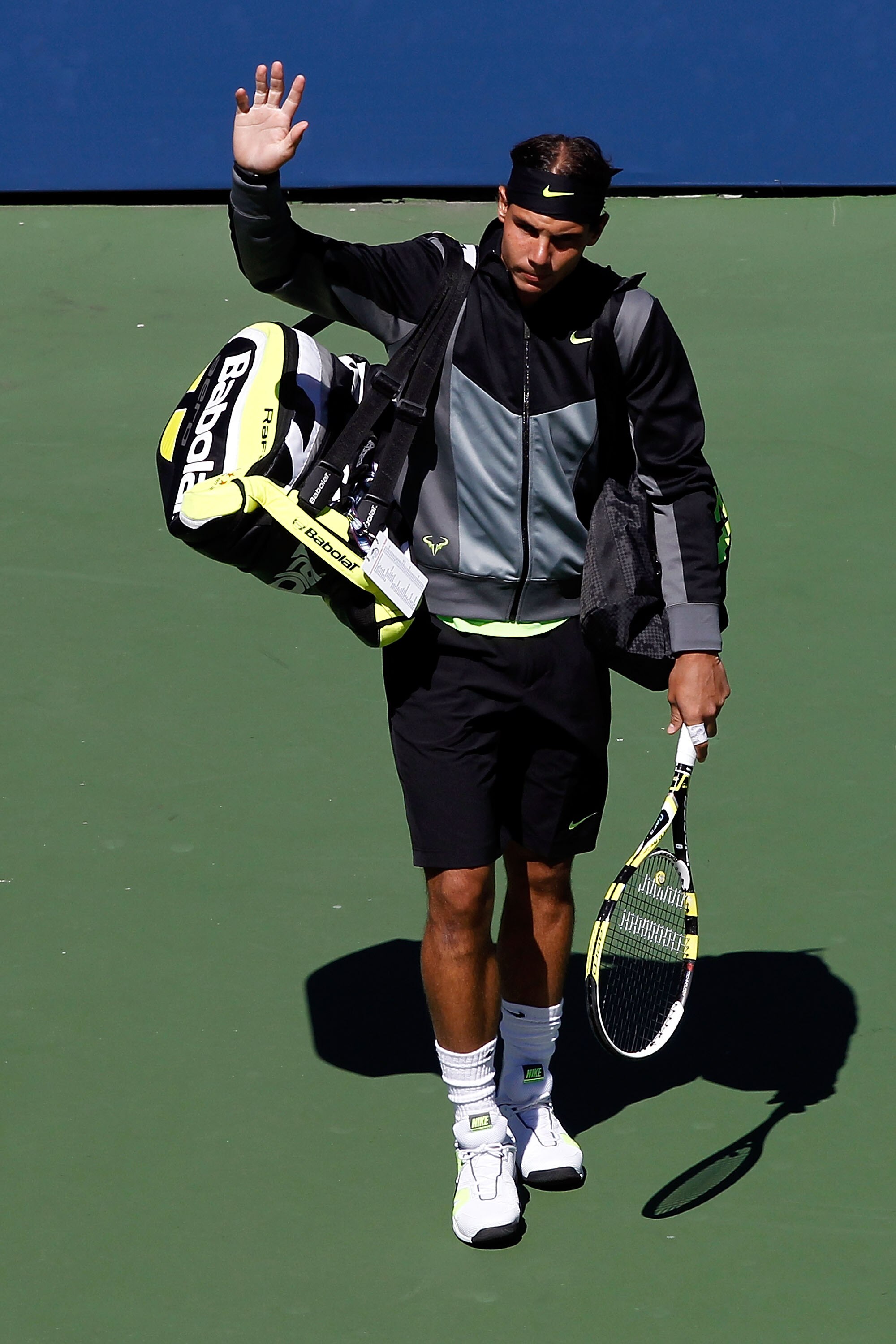 NEW YORK - SEPTEMBER 11:  Rafael Nadal of Spain waves to fans before playing against Mikhail Youzhny of Russia during his men's singles semifinal match on day thirteen of the 2010 U.S. Open at the USTA Billie Jean King National Tennis Center on September