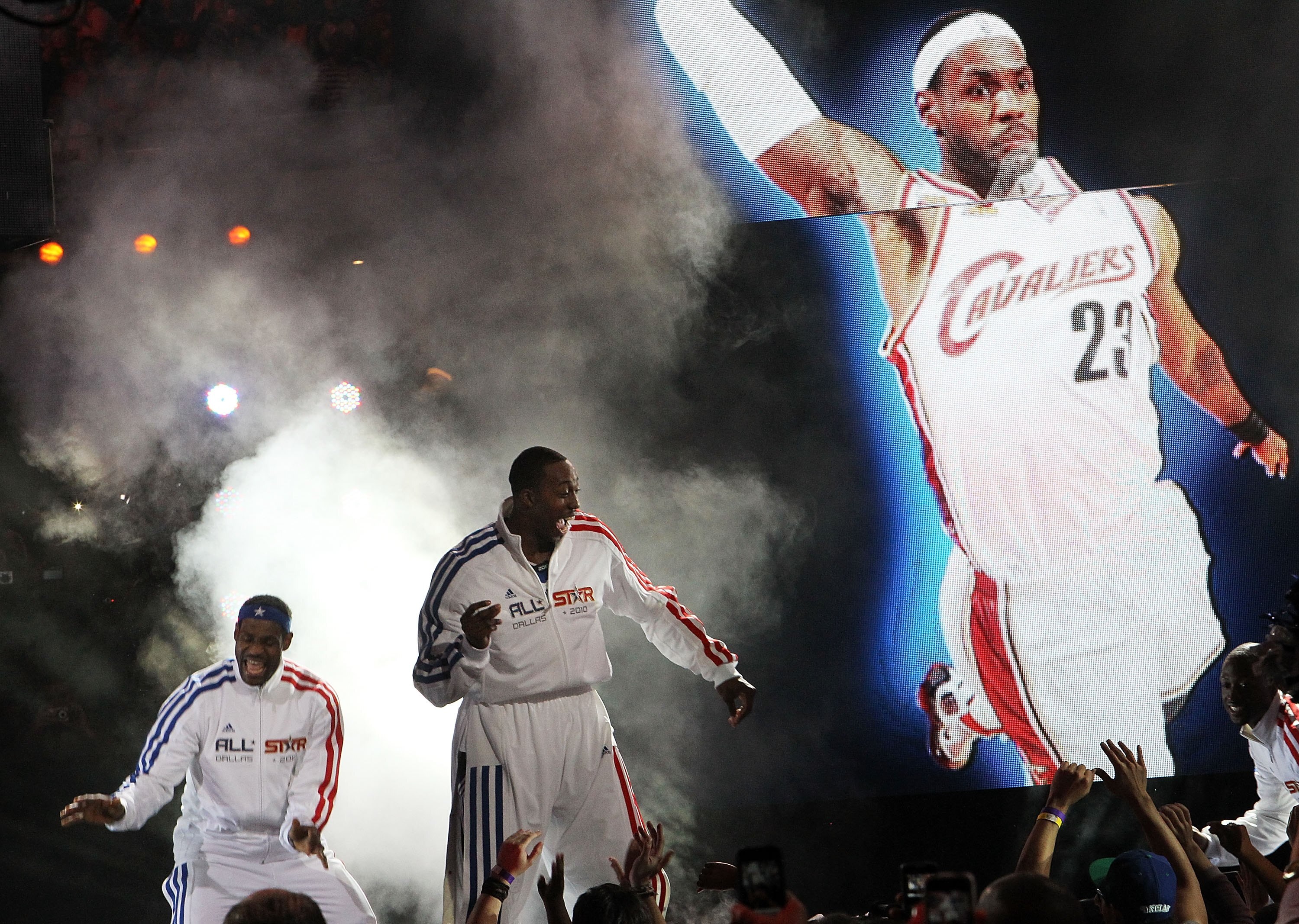ARLINGTON, TX - FEBRUARY 14:  (L-R) LeBron James #23 and Dwight Howard #12 of the Eastern Conference celebrate during introductions before the NBA All-Star Game, part of 2010 NBA All-Star Weekend at Cowboys Stadium on February 14, 2010 in Arlington, Texas