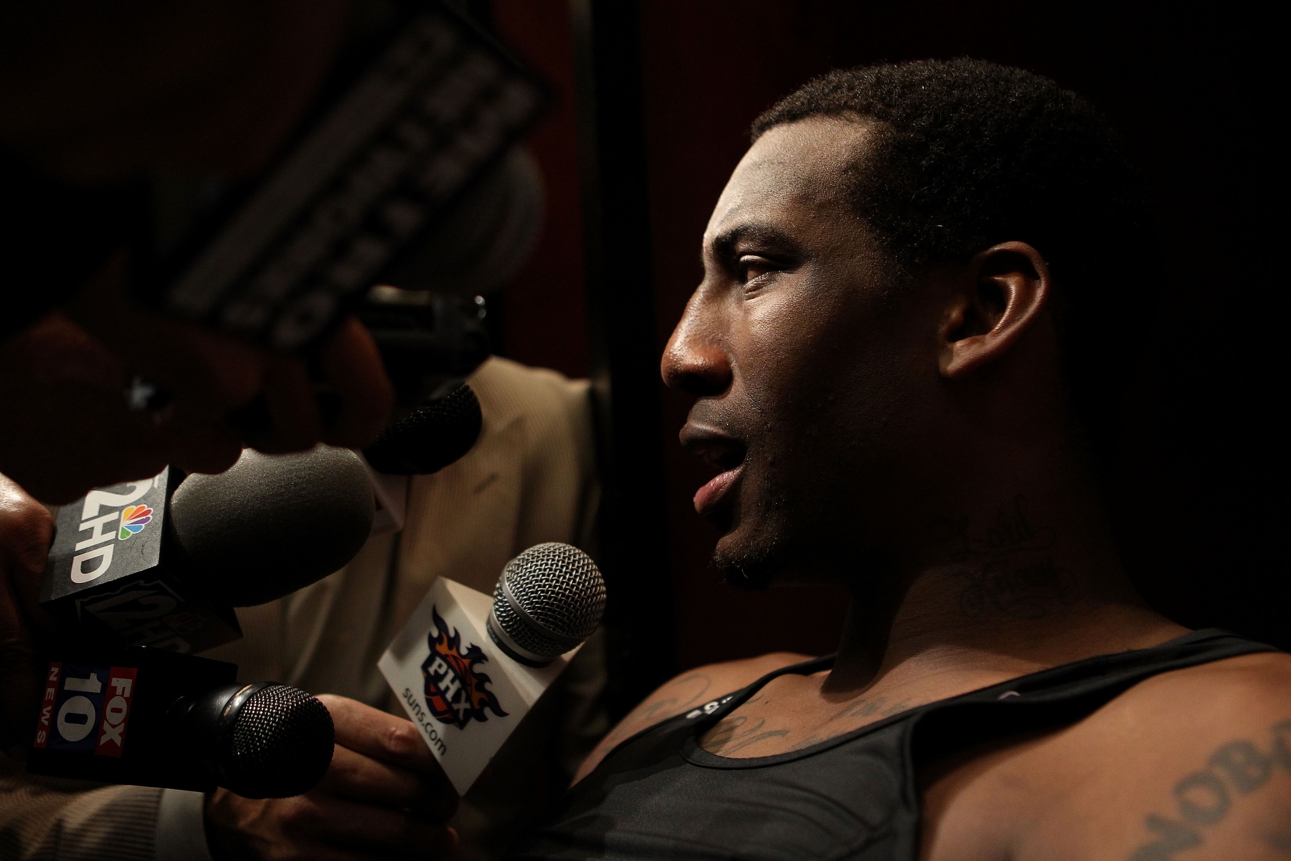 PHOENIX - MAY 29:  Amar'e Stoudemire #1 of the Phoenix Suns is interviewed in the locker room after the suns were eliminated from the 2010 NBA Playoffs by the Los Angeles Lakers 111-103 in Game Six of the Western Conference Finals at US Airways Center on 