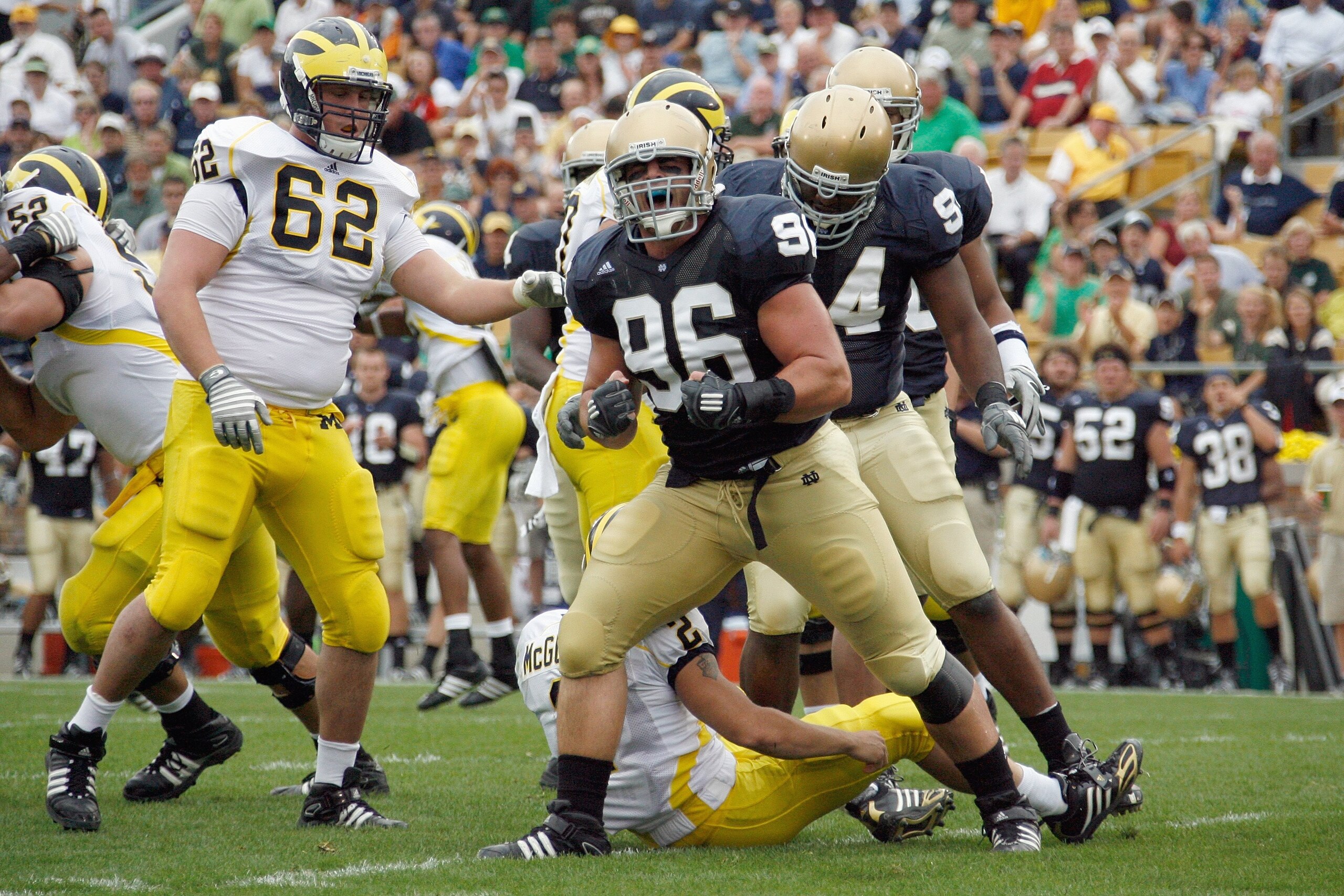 SOUTH BEND,IN - SEPTEMBER 13:  Pat Kuntz #96 of the Notre Dame Fighting Irish celebrates the sack during the game against the Michigan Wolverines on September 13, 2008 at Notre Dame Stadium in South Bend, Indiana. (Photo by: Gregory Shamus/Getty Images)