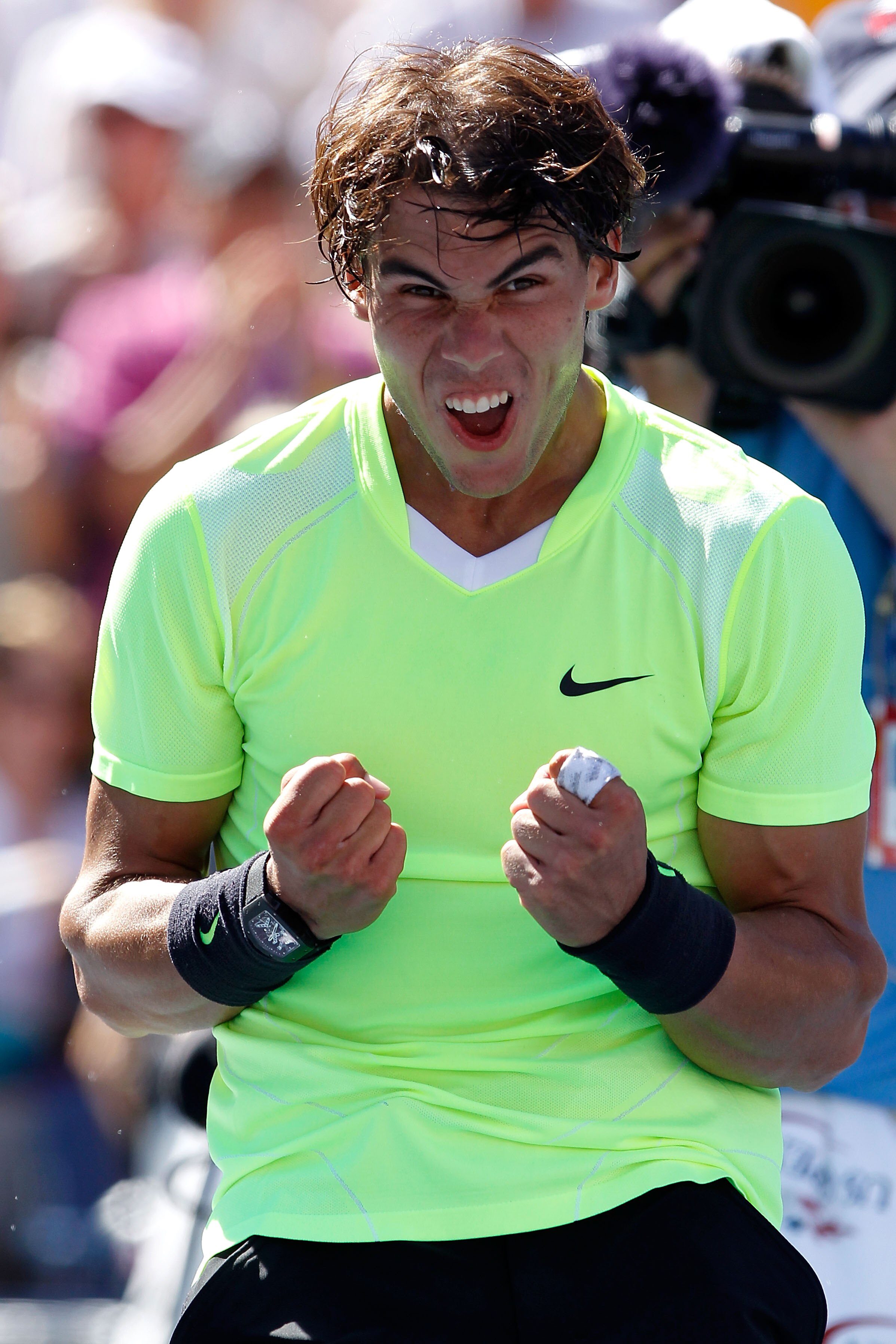 NEW YORK - SEPTEMBER 11:  Rafael Nadal of Spain celebrates defeating Mikhail Youzhny of Russia during his men's singles semifinal match on day thirteen of the 2010 U.S. Open at the USTA Billie Jean King National Tennis Center on September 11, 2010 in the 