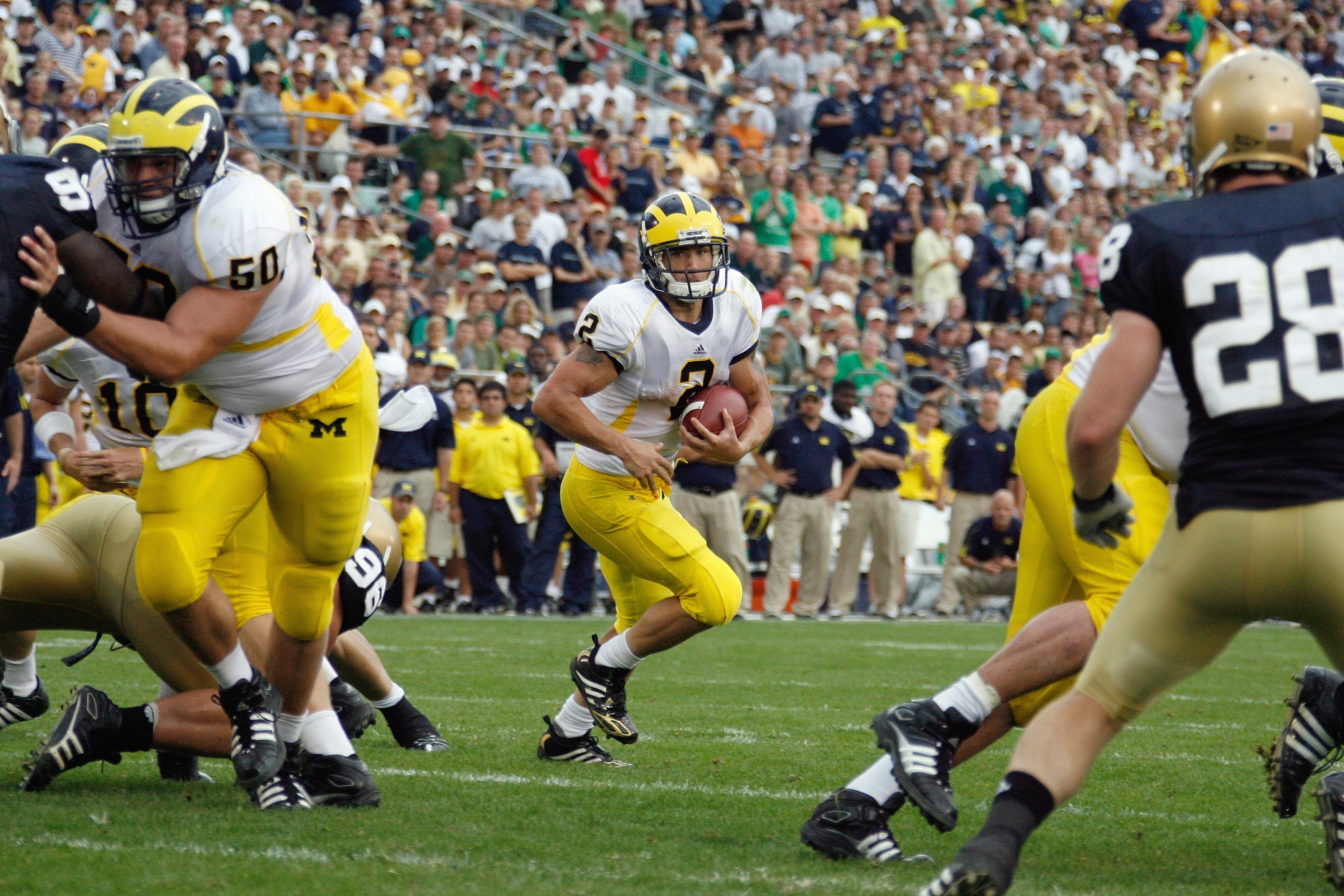 SOUTH BEND,IN - SEPTEMBER 13:  Sam McGuffie #2 of the Michigan Wolverines carries the ball during the game against the Notre Dame Fighting Irish on September 13, 2008 at Notre Dame Stadium in South Bend, Indiana. (Photo by: Gregory Shamus/Getty Images)
