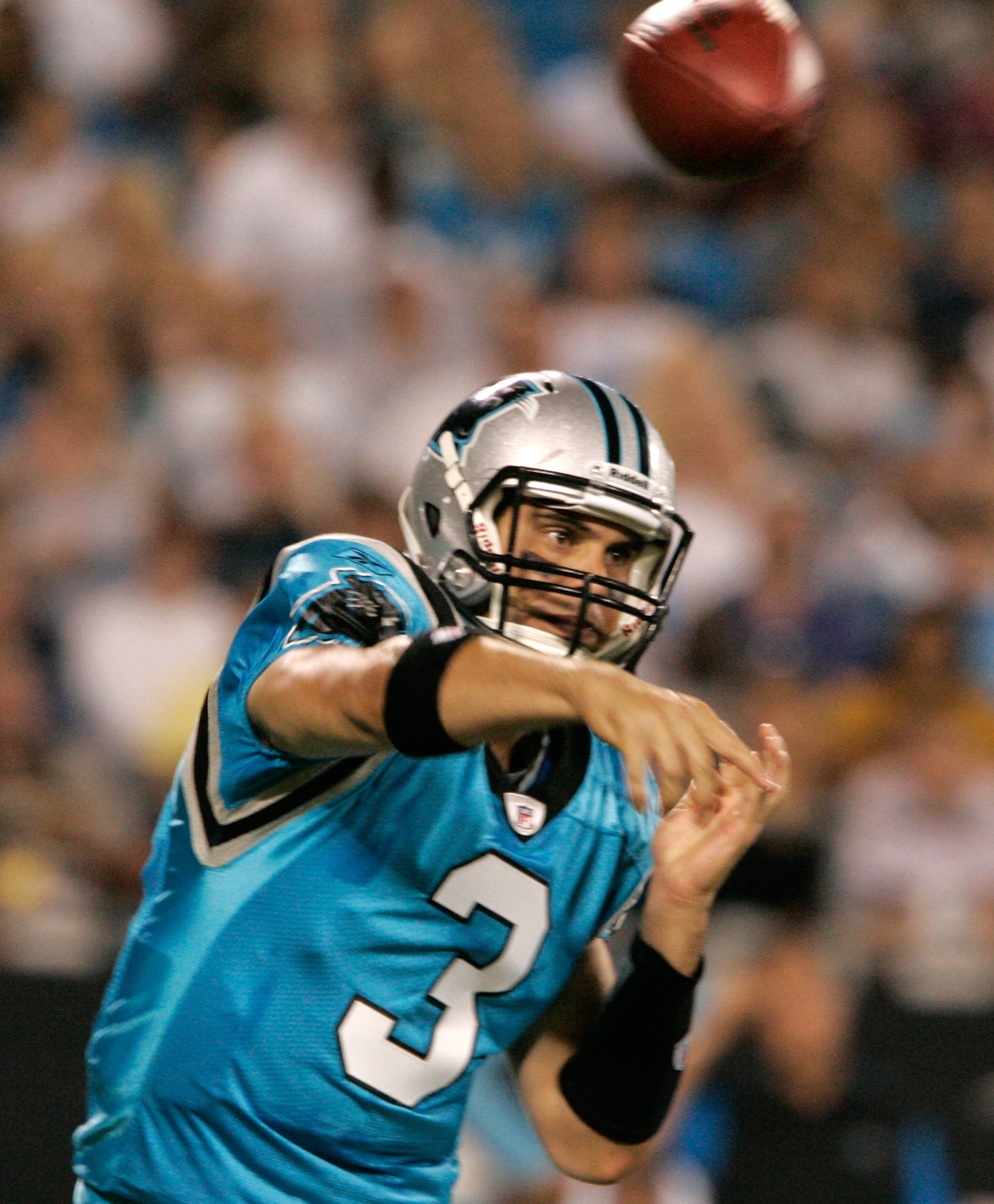 CHARLOTTE, NC - AUGUST 28:  Quarterback Matt Moore #3 of the Carolina Panthers throw to his reciever during their preseason game against the Tennessee Titans at Bank of America Stadium on August 28, 2010 in Charlotte, North Carolina. (Photo by Mary Ann Ch
