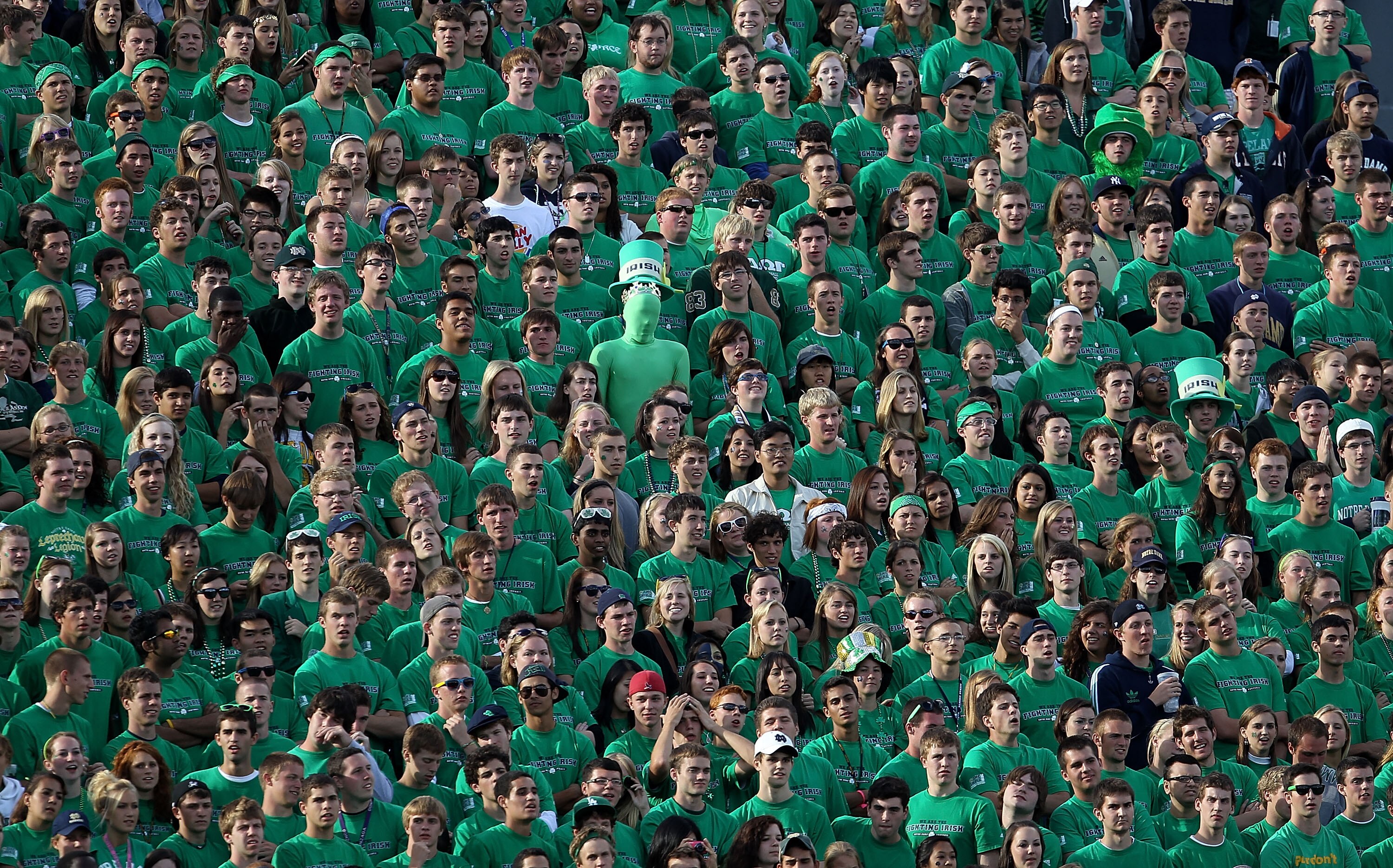 SOUTH BEND, IN - SEPTEMBER 04: Student fans of the Notre Dame Fighting Irish watch as the Irish take on the Purdue Boilermakers at Notre Dame Stadium on September 4, 2010 in South Bend, Indiana. Notre Dame defeated Purdue 23-12. (Photo by Jonathan Daniel/