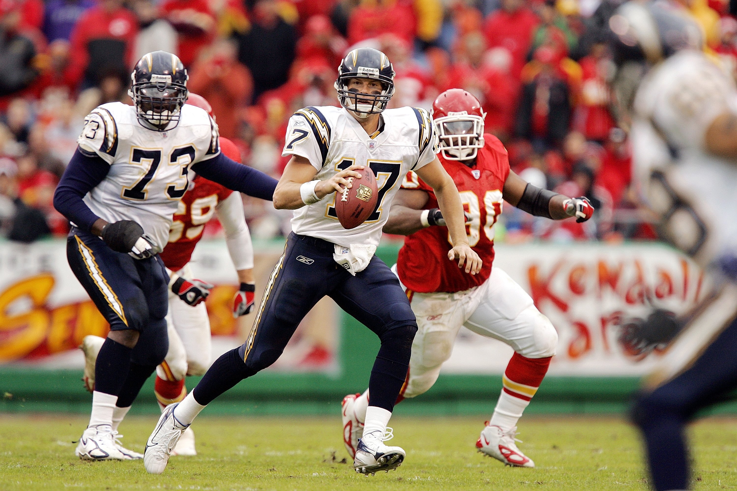 KANSAS CITY, MO - OCTOBER 22:  Quarterback Philip Rivers #17 of the San Diego Chargers looks for a receiver against the Kansas City Chiefs on October 22, 2006 at Arrowhead Stadium in Kansas City, Missouri.  (Photo by Brian Bahr/Getty Images)