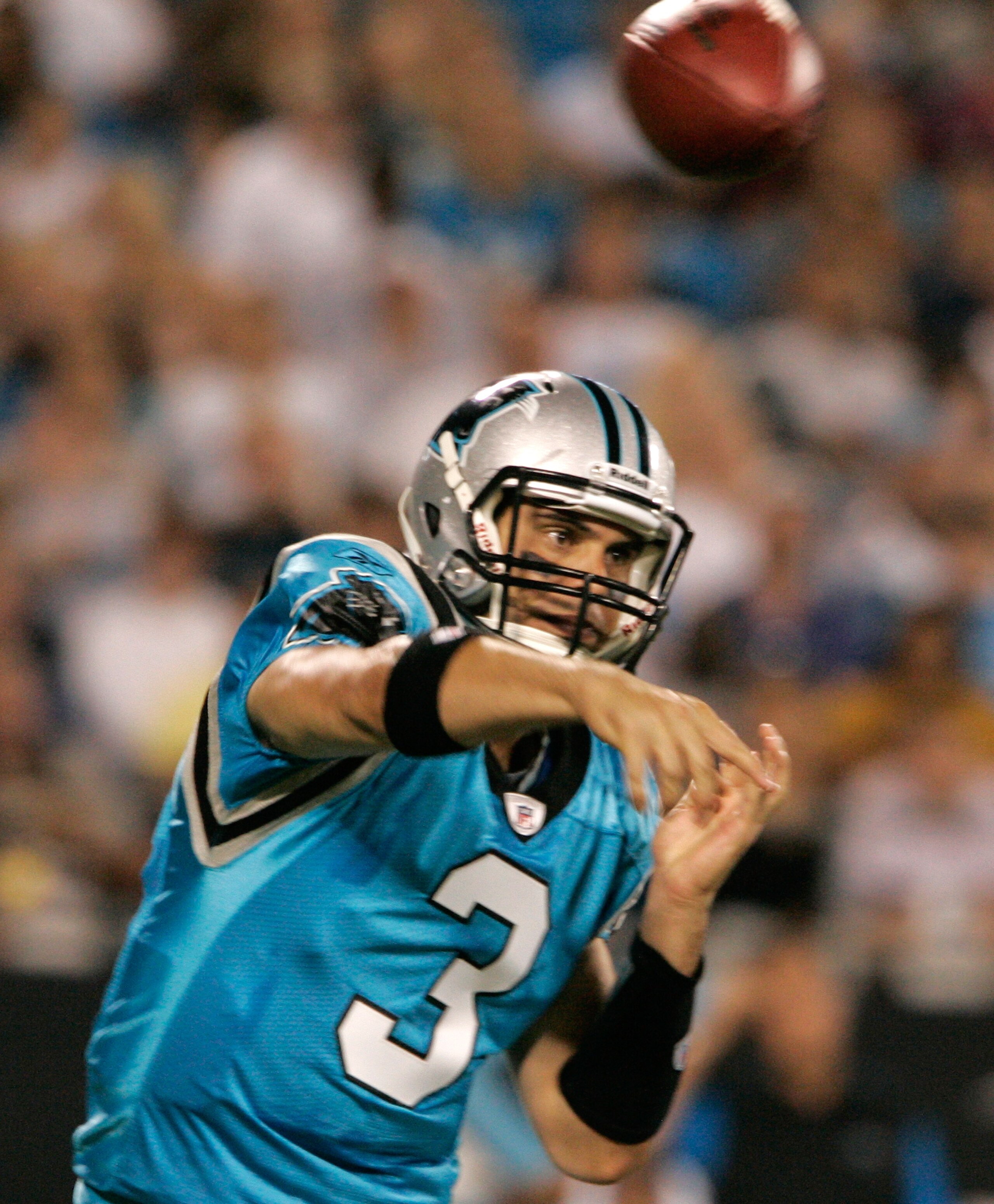 CHARLOTTE, NC - AUGUST 28:  Quarterback Matt Moore #3 of the Carolina Panthers throw to his reciever during their preseason game against the Tennessee Titans at Bank of America Stadium on August 28, 2010 in Charlotte, North Carolina. (Photo by Mary Ann Ch