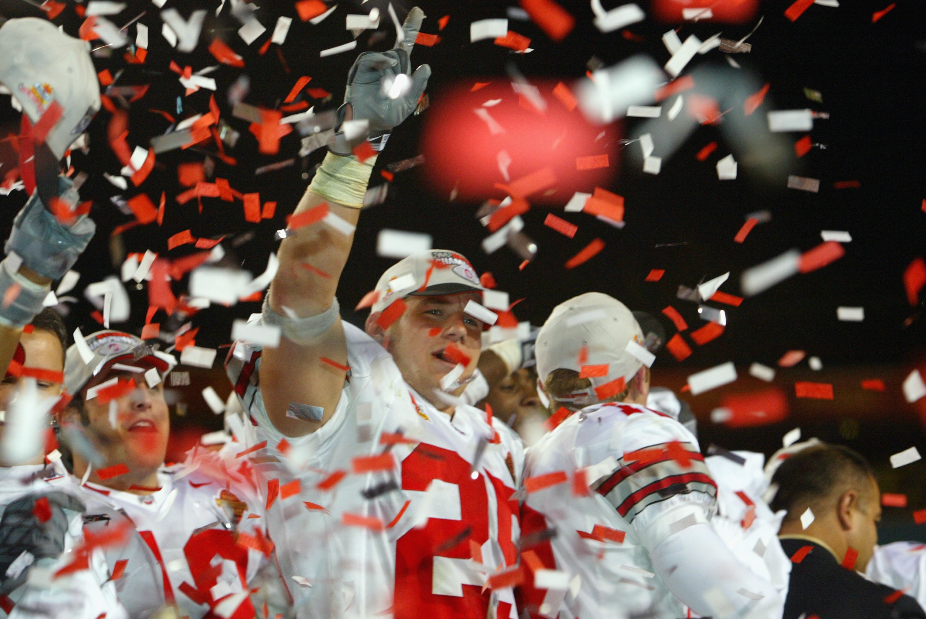 TEMPE, AZ - JANUARY 3:  Free Safety Donnie Nickey #25 of the Ohio State Buckeyes celebrates after defeating the Miami Hurricanes in the Tostitos Fiesta Bowl on January 3, 2003 at Sun Devil Stadium in Tempe, Arizona.  Ohio State won the game 31-24 in doubl