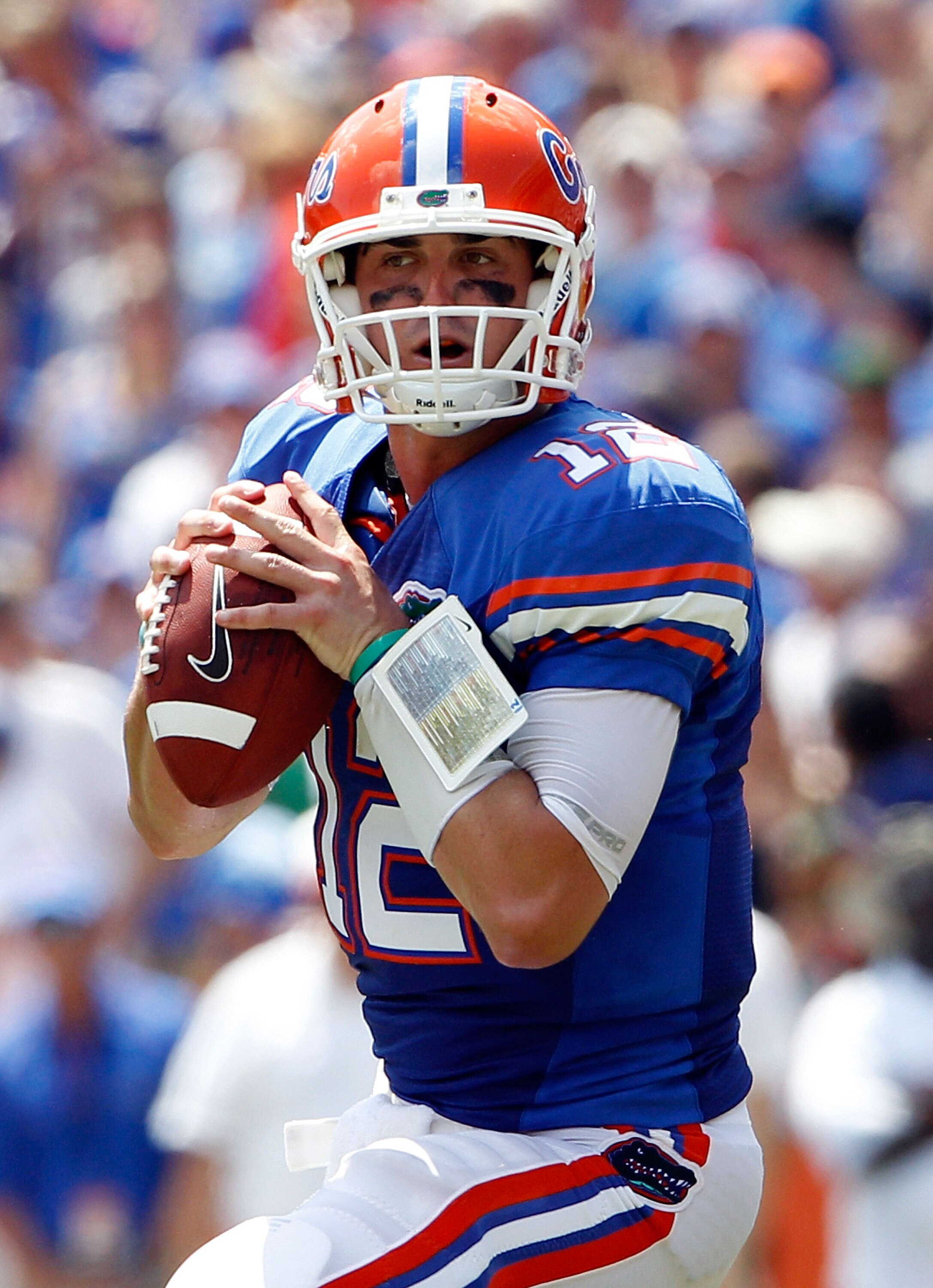 GAINESVILLE, FL - SEPTEMBER 11:  Quarterback John Brantley #12 of the Florida Gators attempts a pass during a game against the South Florida Bulls at Ben Hill Griffin Stadium on September 11, 2010 in Gainesville, Florida.  (Photo by Sam Greenwood/Getty Im
