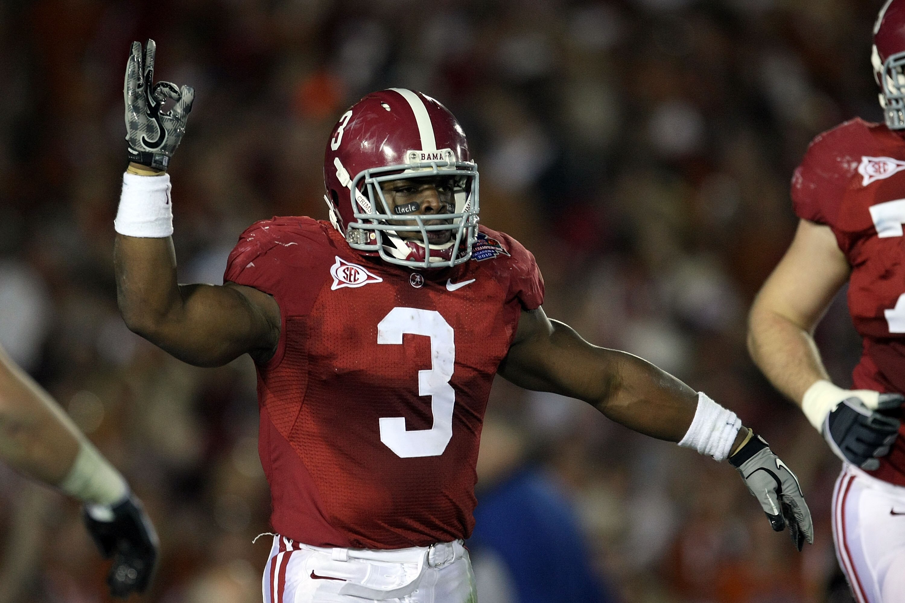 PASADENA, CA - JANUARY 07:  Running back Trent Richardson #3 of the Alabama Crimson Tide celebrates after a 49-yard touchdown against the Texas Longhorns in the second quarter of the Citi BCS National Championship game at the Rose Bowl on January 7, 2010 