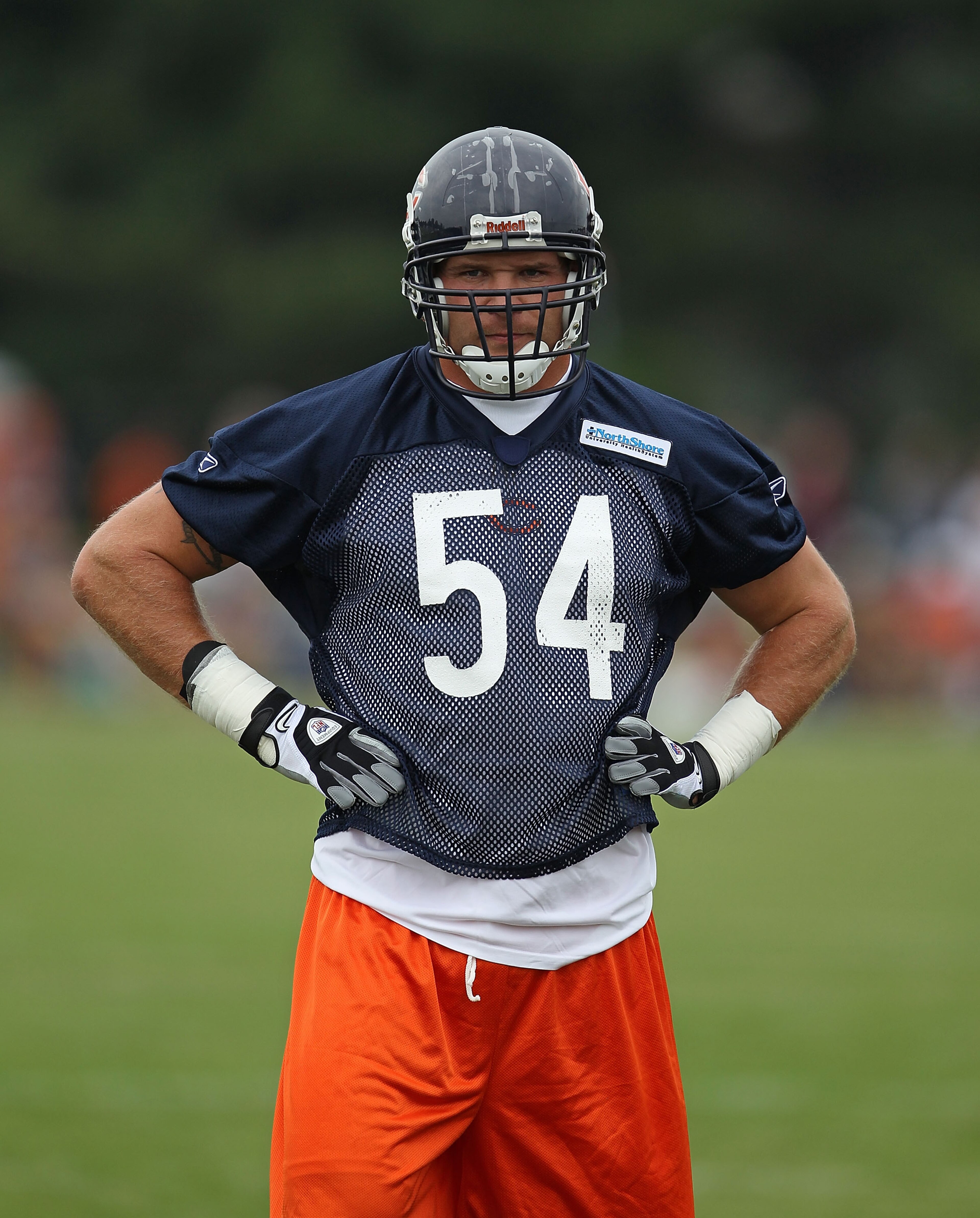 BOURBONNAIS, IL - JULY 30: Brian Urlacher #54 of the Chicago Bears watches teammates during a summer training camp practice at Olivet Nazarene University on July 30, 2010 in Bourbonnais, Illinois. (Photo by Jonathan Daniel/Getty Images) BOURBONNAIS, IL - JULY 30: Brian Urlacher #54 of the Chicago Bears watches teammates during a summer training camp practice at Olivet Nazarene University on July 30, 2010 in Bourbonnais, Illinois. (Photo by Jonathan Daniel/Getty Images)