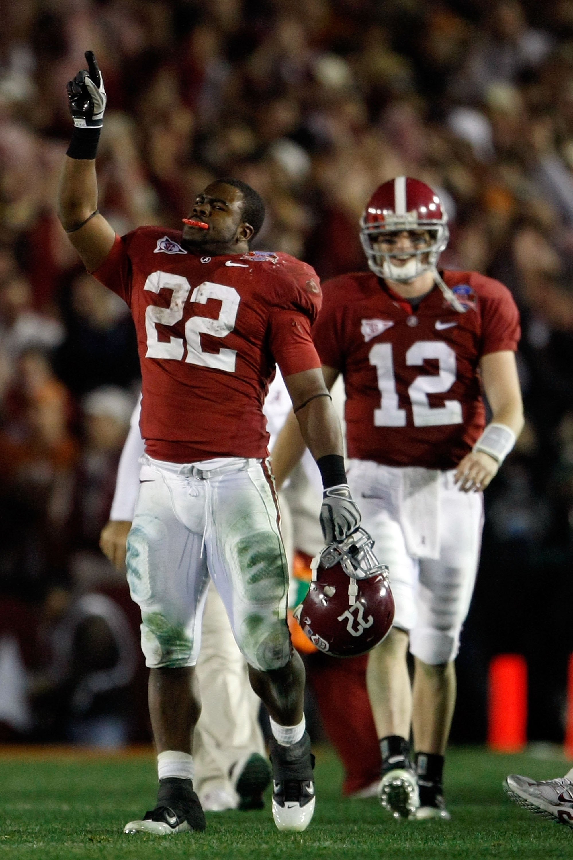 PASADENA, CA - JANUARY 07:  Running back Mark Ingram #22 of the Alabama Crimson Tide celebrates after winning the Citi BCS National Championship game over the Texas Longhorns at the Rose Bowl on January 7, 2010 in Pasadena, California. The Crimson Tide de