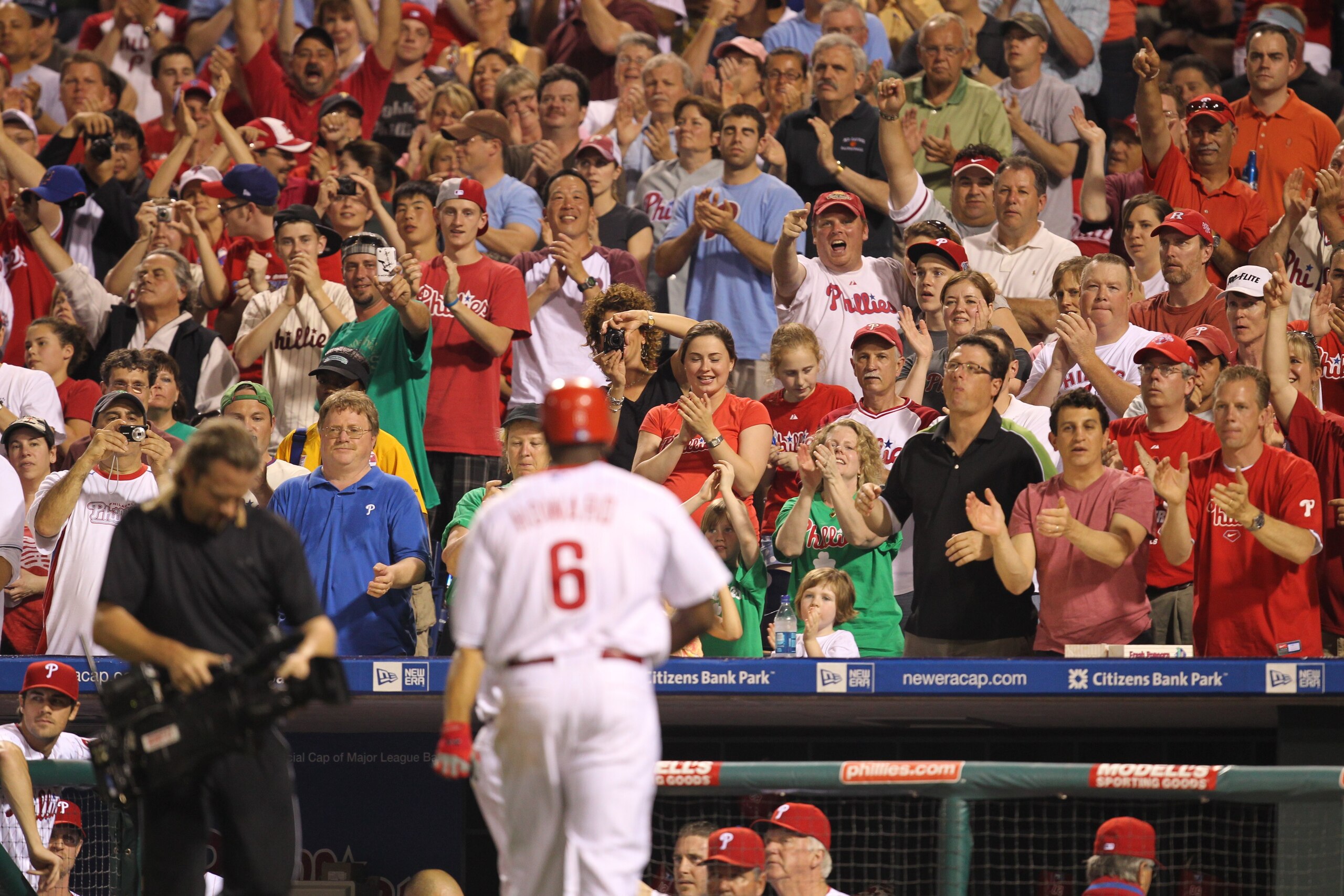 PHILADELPHIA - MAY 2: Fans cheer first baseman Ryan Howard #6 of the Philadelphia Phillies after hitting a home run during a game against the New York Mets at Citizens Bank Park on May 2, 2010 in Philadelphia, Pennsylvania. The Phillies won 11-5. (Photo b