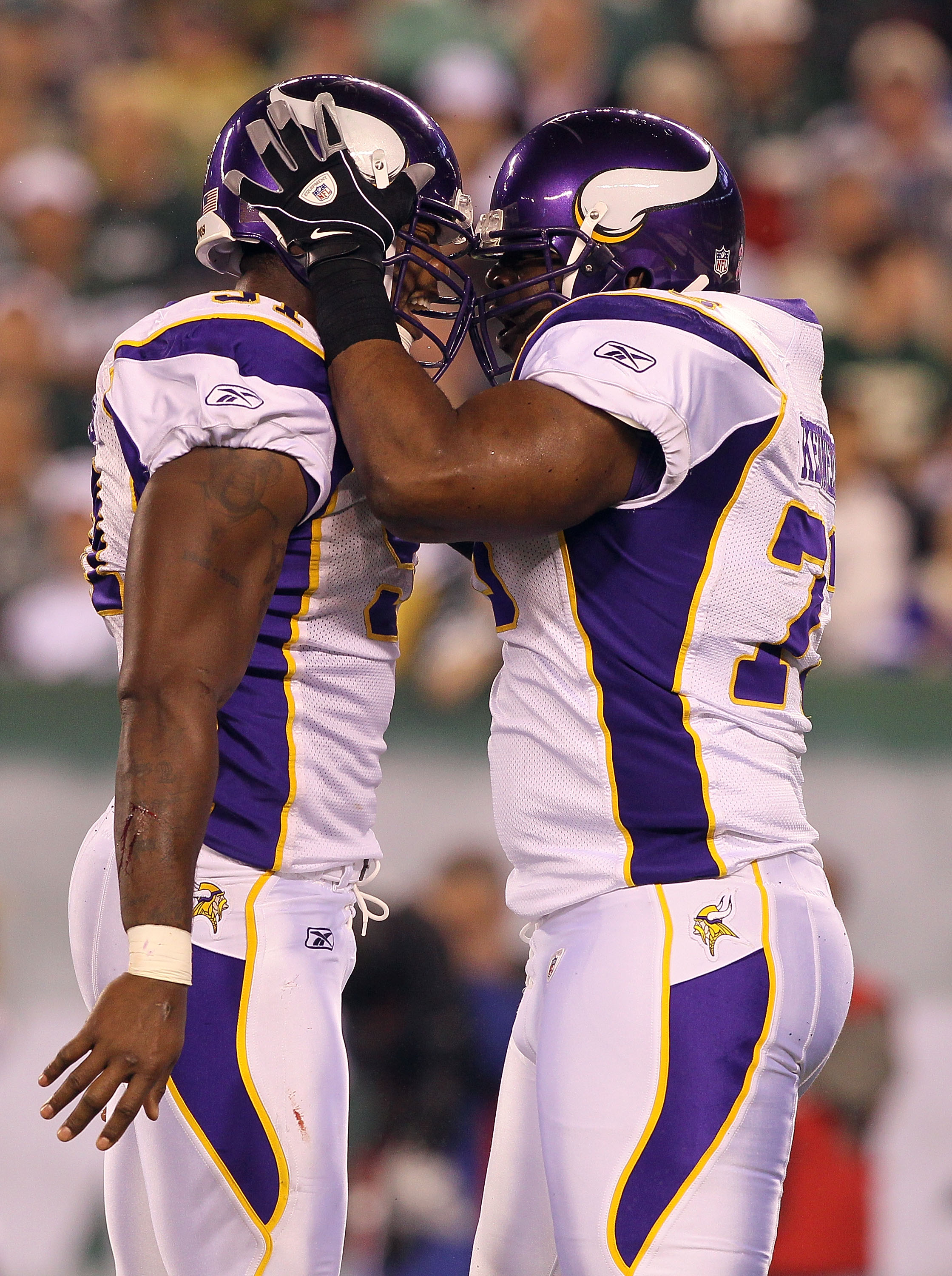 EAST RUTHERFORD, NJ - OCTOBER 11:  (L-R) Ray Edwards #91 and Jimmy Kennedy #73 of the Minnesota Vikings celebrate after Edwards recorded a sack against the New York Jets at New Meadowlands Stadium on October 11, 2010 in East Rutherford, New Jersey.  (Phot