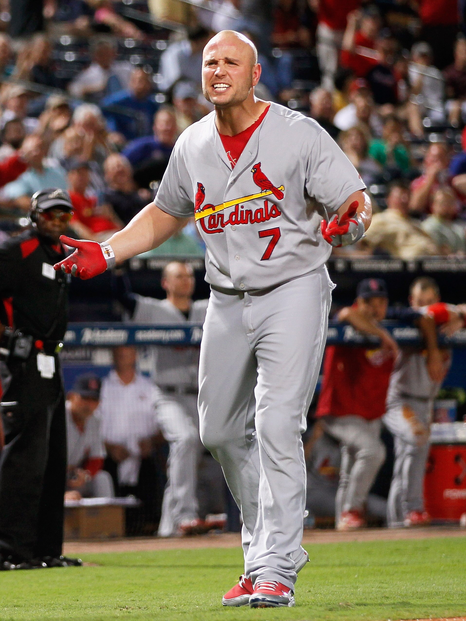ATLANTA - SEPTEMBER 09:  Matt Holliday #7 of the St. Louis Cardinals argues with homeplate umpire Mike DiMuro #16 after getting ejected in the fourth inning against the Atlanta Braves at Turner Field on September 9, 2010 in Atlanta, Georgia.  (Photo by Ke