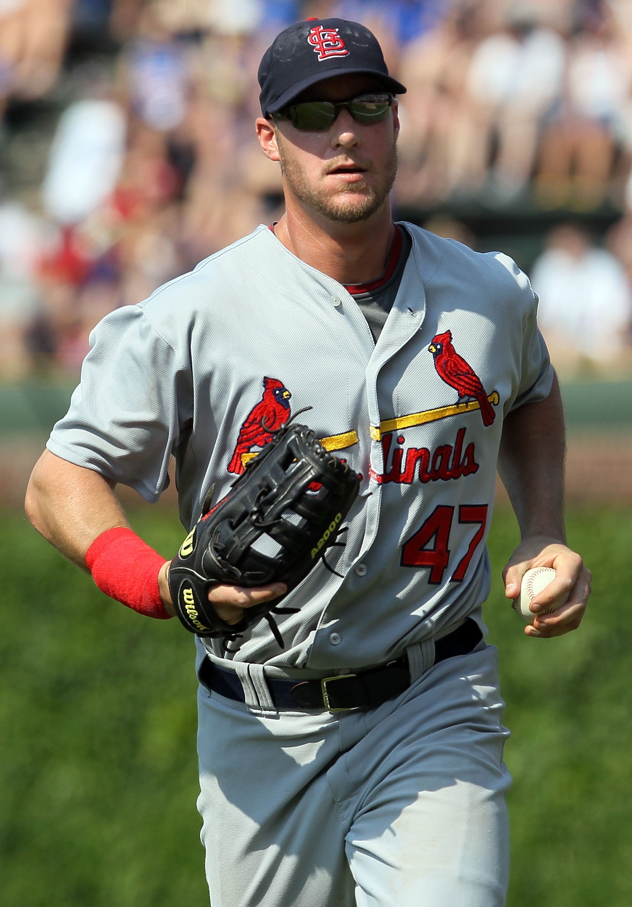 CHICAGO - MAY 30:  Ryan Ludwick #47 of the St. Louis Cardinals looks on against the Chicago Cubs on May 30, 2010 at Wrigley Field in Chicago, Illinois.  (Photo by Jim McIsaac/Getty Images)