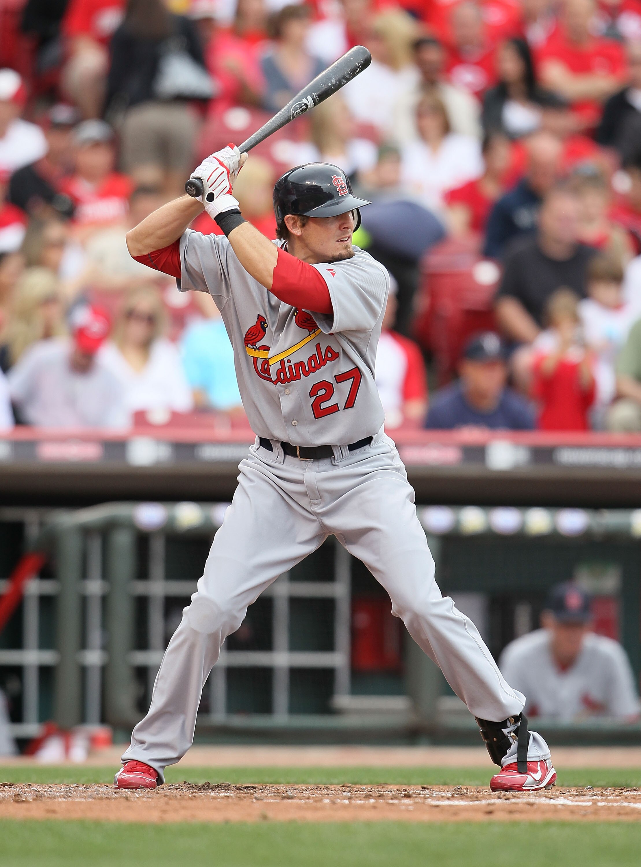 CINCINNATI - MAY 16:   Tyler Greene #27 of the St. Louis Cardinals is at bat during the game against the Cincinnati Reds at Great American Ball Park on May 16, 2010 in Cincinnati, Ohio. (Photo by Andy Lyons/Getty Images)