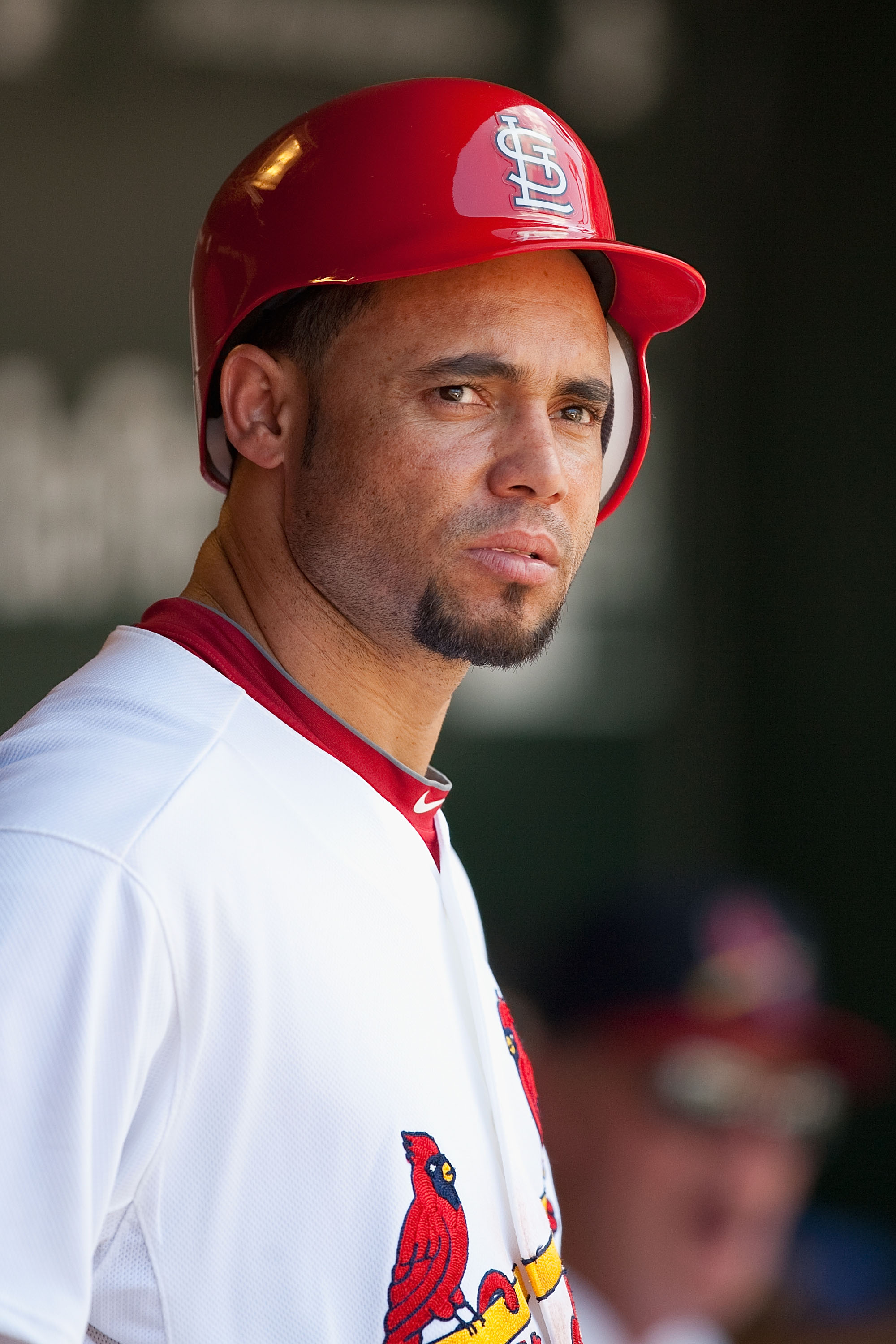 ST. LOUIS - AUGUST 22: Pedro Feliz #77 of the St. Louis Cardinals looks on from the dugout against the San Francisco Giants at Busch Stadium on August 22, 2010 in St. Louis, Missouri.  (Photo by Dilip Vishwanat/Getty Images)