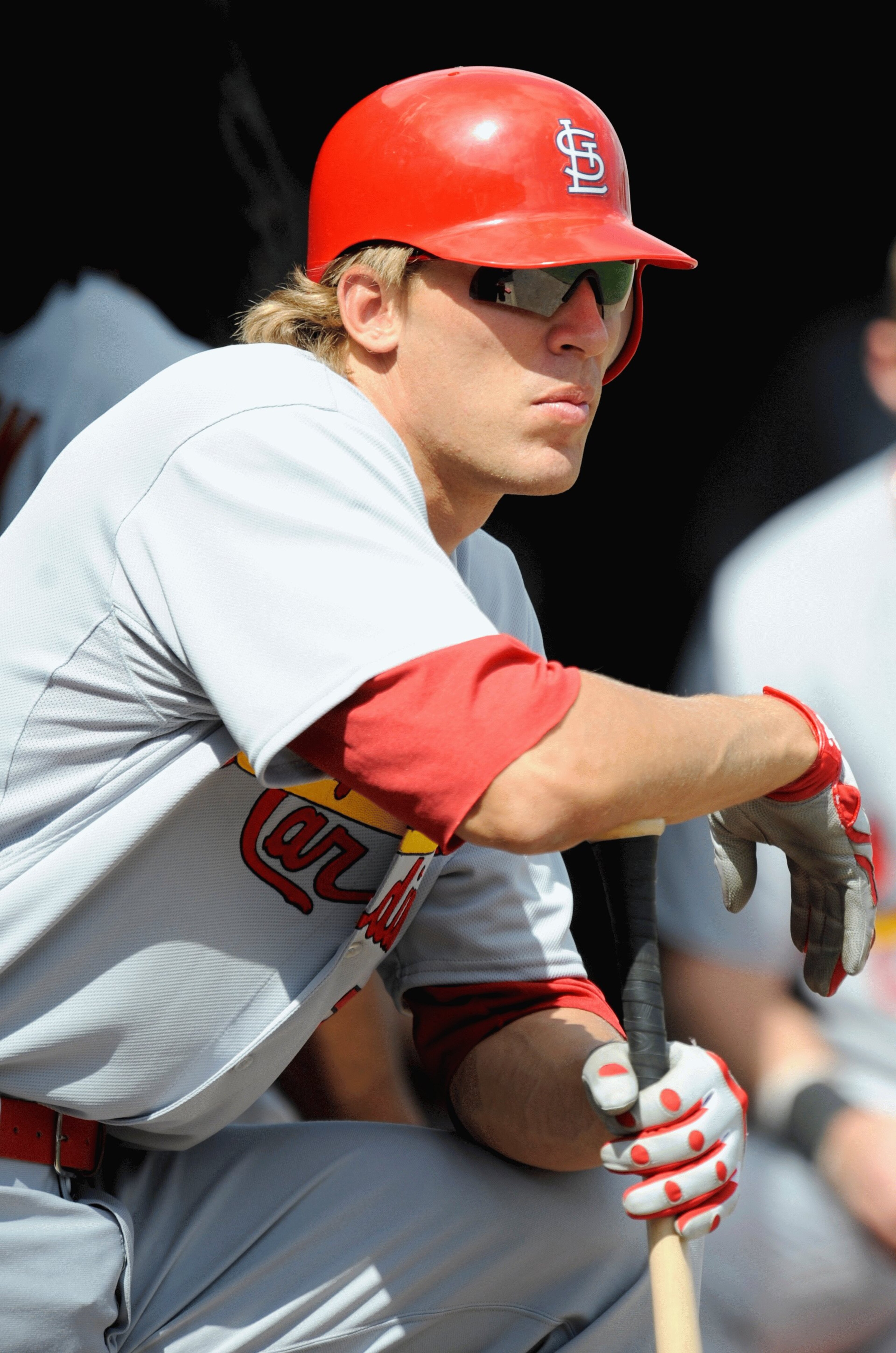 FORT LAUDERDALE, FL - FEBRUARY 26: Joe Mather #7 of the St. Louis Cardinals looks on against the Baltimore Orioles during a spring training game at Fort Lauderdale Stadium on February 26, 2009 in Fort Lauderdale, Florida. (Photo by Rob Tringali/Getty Imag