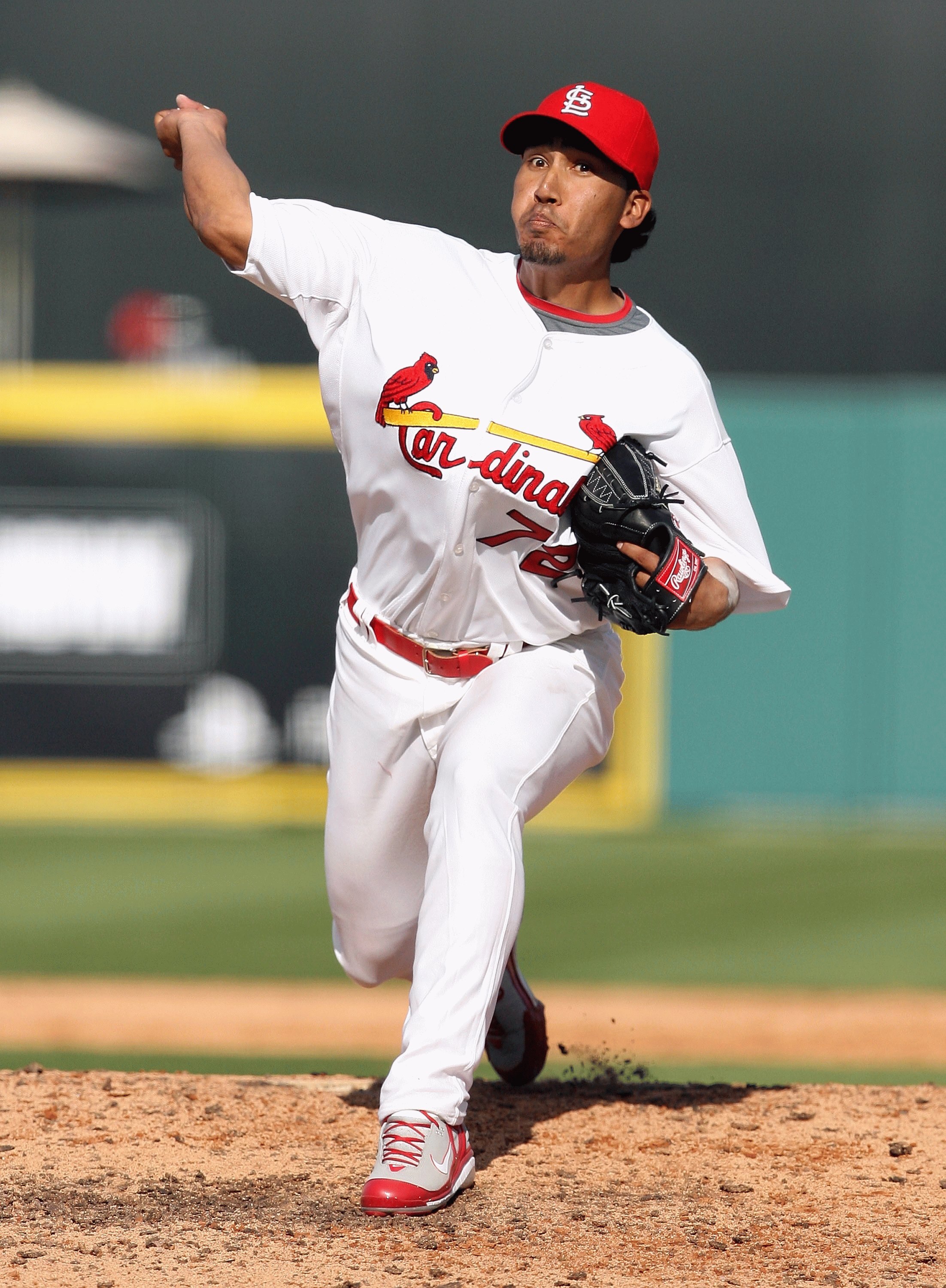 JUPITER, FL - FEBRUARY 25:  Pitcher Fernando Salas #72 of the St. Louis Cardinals pitches the Florida Marlins during a spring training game at Roger Dean Stadium on February 25, 2009 in Jupiter, Florida. The Marlins and the Mets played to a 5-5 tie in 10