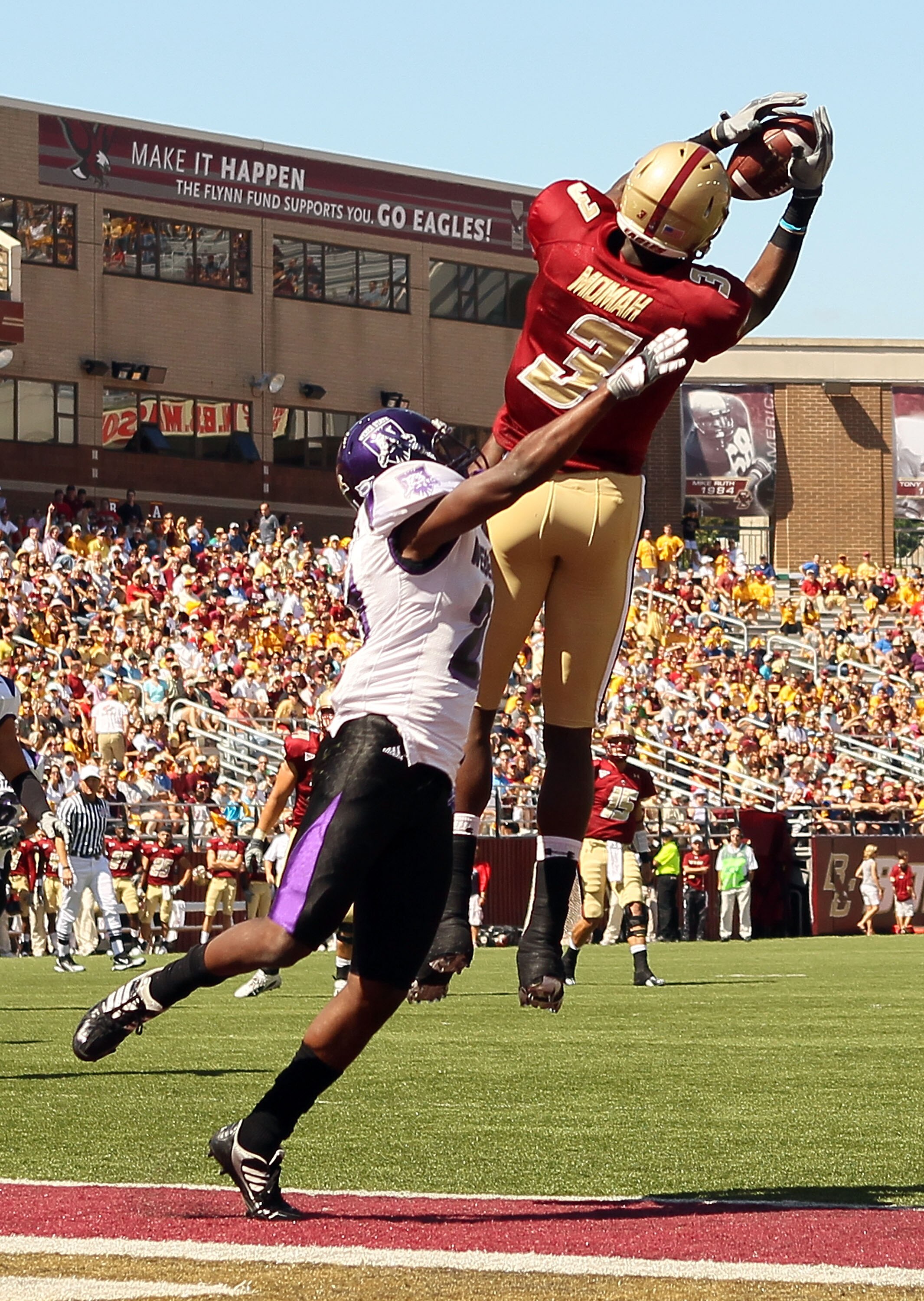 CHESTNUT HILL, MA - SEPTEMBER 04:  Ifeanyi Momah #3 of the Boston College Eagles makes the touchdown catch as Antwain Stutson #21 of the Weber State Wildcats defends on September 4, 2010 at Alumni Stadium in Chestnut Hill, Massachusetts.  (Photo by Elsa/G