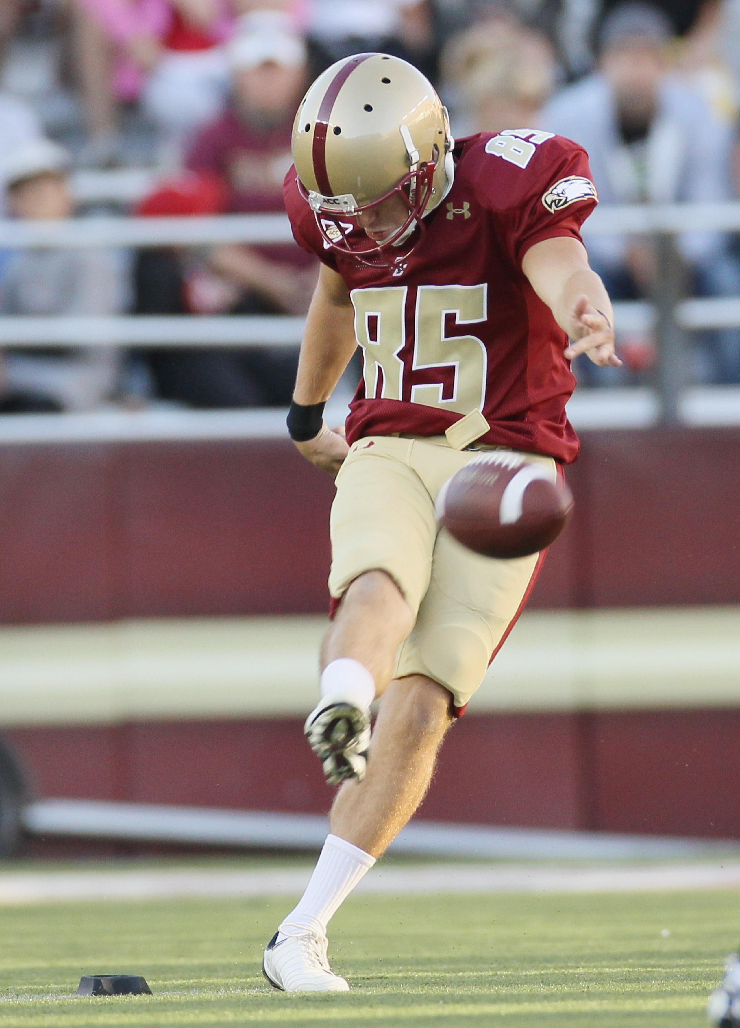 CHESTNUT HILL, MA - SEPTEMBER 11:  Nate Freese #85 of the Boston College Eagles kicks off against the Kent State Golden Flashes on September 11, 2010 at Alumni Stadium in Chestnut Hill, Massachusetts. Boston College defeated Kent State 26-13.  (Photo by E