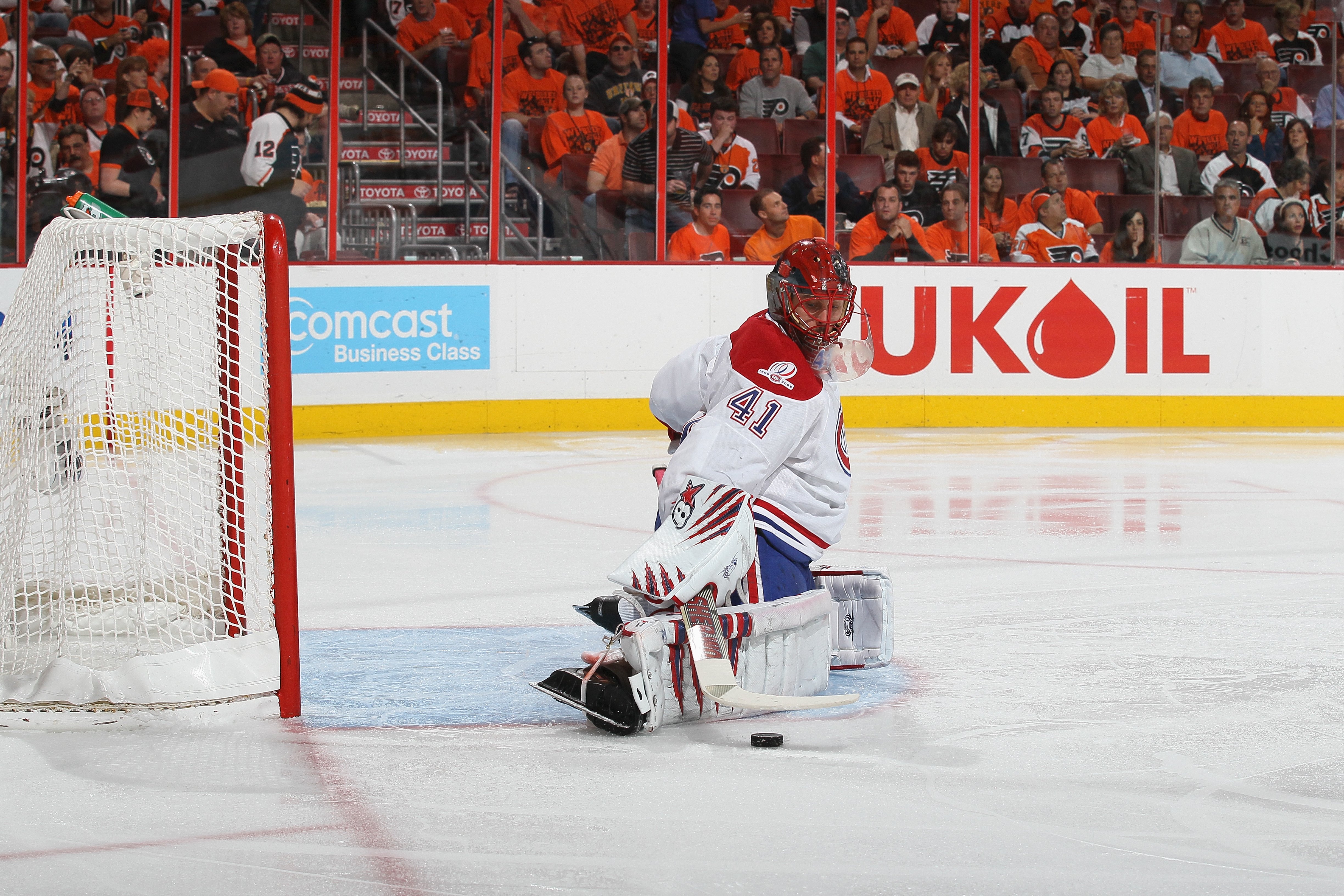 PHILADELPHIA - MAY 24: Goalie Jaroslav Halak #41 of the Montreal Canadiens guards the net against the Philadelphia Flyers in Game 5 of the Eastern Conference Finals during the 2010 NHL Stanley Cup Playoffs at Wachovia Center on May 24, 2010 in Philadelph PHILADELPHIA - MAY 24: Goalie Jaroslav Halak #41 of the Montreal Canadiens guards the net against the Philadelphia Flyers in Game 5 of the Eastern Conference Finals during the 2010 NHL Stanley Cup Playoffs at Wachovia Center on May 24, 2010 in Philadelph