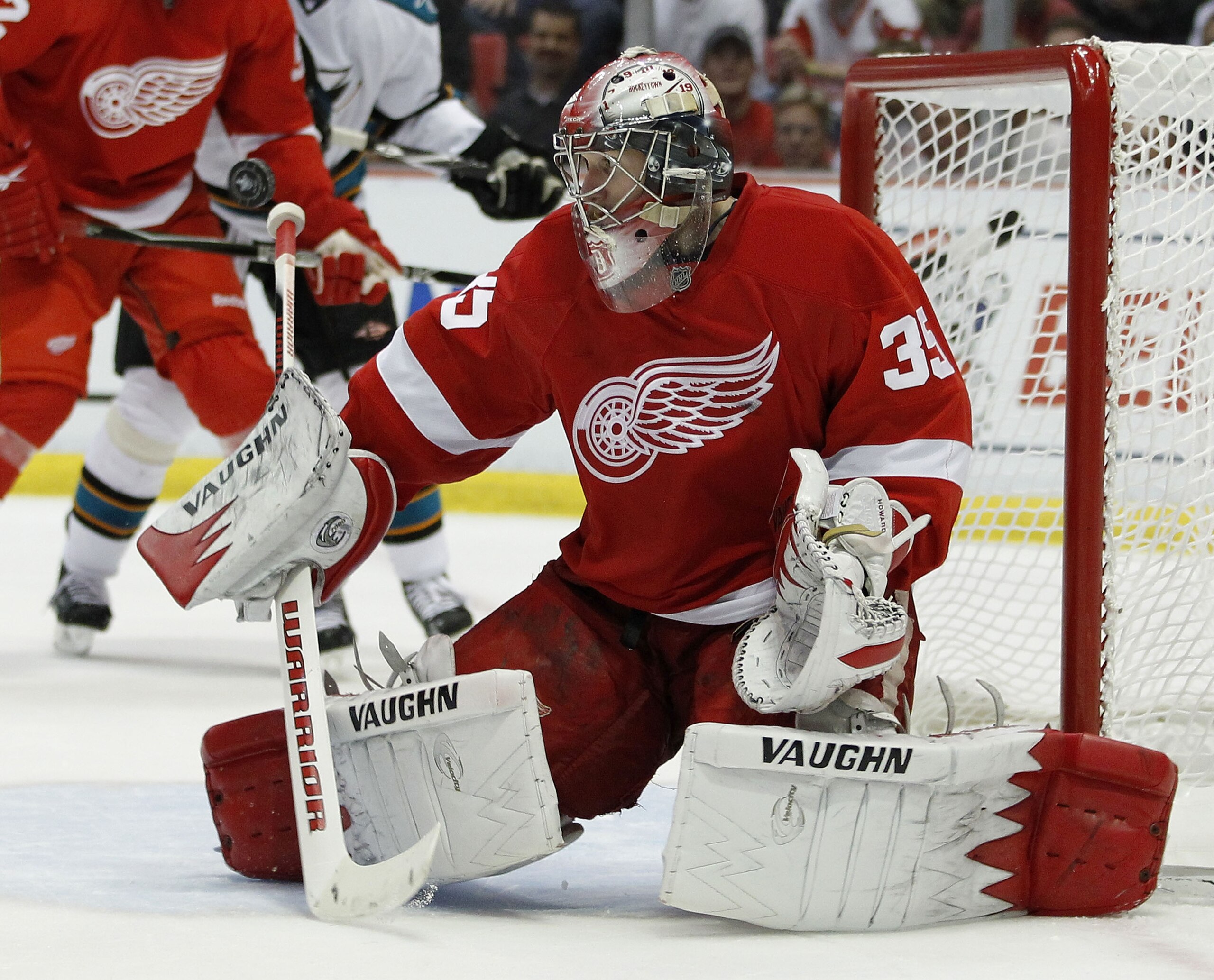DETROIT - MAY 06: Jimmy Howard #35 of the Detroit Red Wings makes a second period save while playing the San Jose Sharks during Game Four of the Western Conference Semifinals of the 2010 NHL Stanley Cup Playoffs on May 6, 2010 at Joe Louis Arena in Detroi