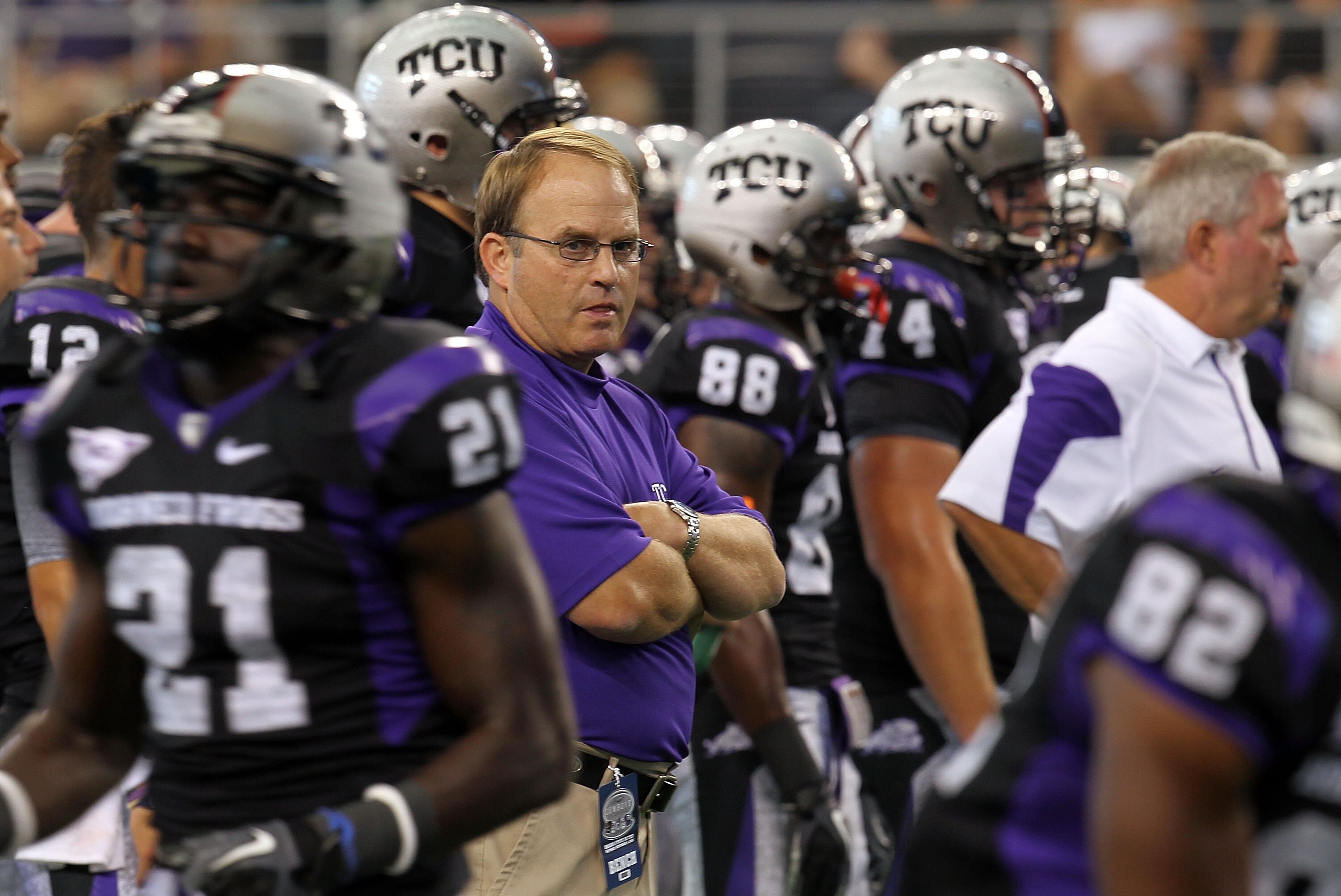 ARLINGTON, TX - SEPTEMBER 04:  Head coach Gary Patterson of the TCU Horned Frogs walks on the field before a game against the Oregon State Beavers at Cowboys Stadium on September 4, 2010 in Arlington, Texas.  (Photo by Ronald Martinez/Getty Images)