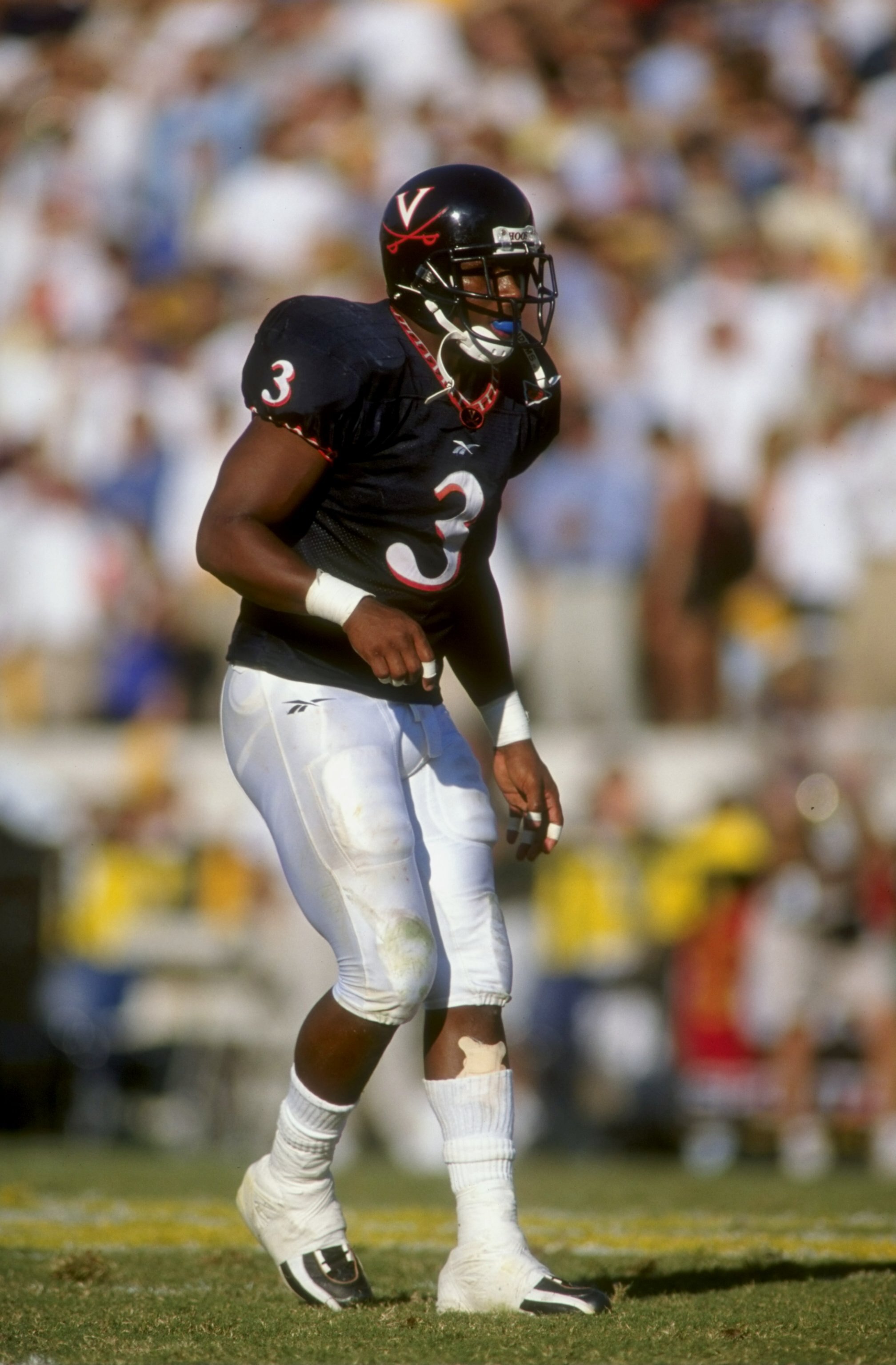 17 Oct 1998: Anthony Poindexter #3 of the Virginia Cavaliers gets ready to move during the game against the Georgia Tech Yellow Jackets at Grant Field in Atlanta, Georgia. Georgia Tech defeated Virginia 41-38. Mandatory Credit: Scott Halleran  /Allsport