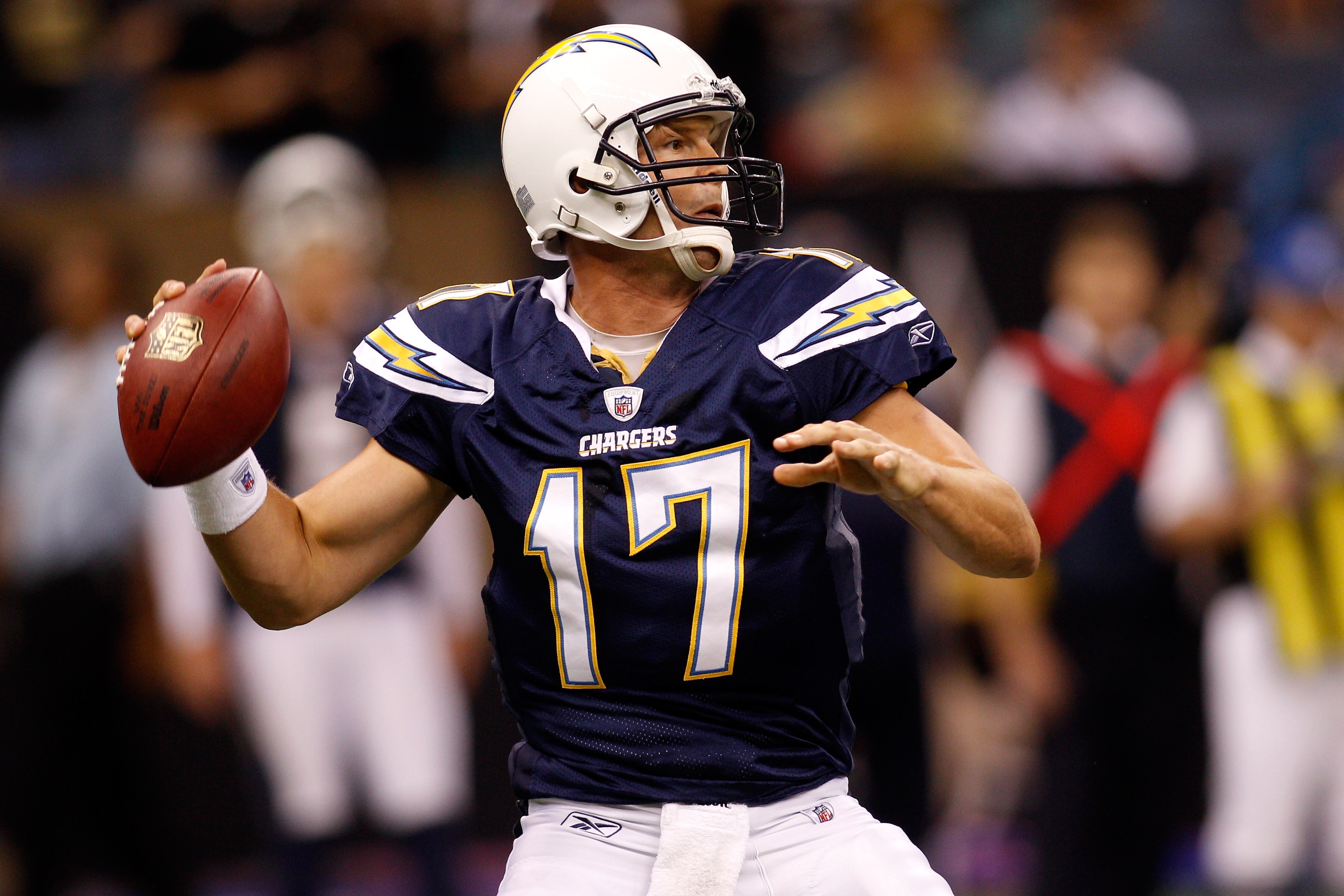 NEW ORLEANS - AUGUST 27:  Philip Rivers #17 of the San Diego Chargers looks to throw a pass against the New Orleans Saints at the Louisiana Superdome on August 27, 2010 in New Orleans, Louisiana.  The Saints defeated the Chargers 36-21.  (Photo by Chris G