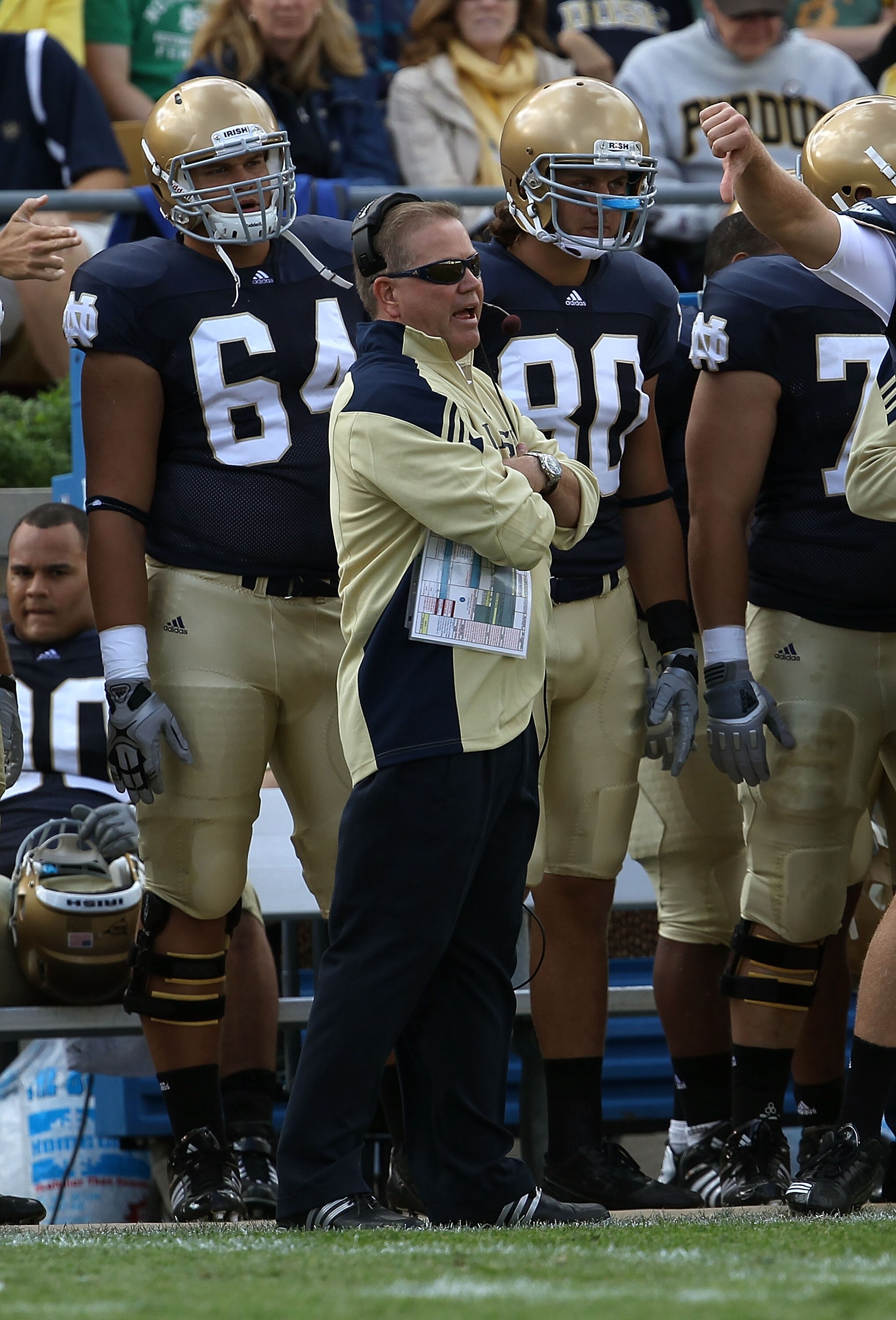 SOUTH BEND, IN - SEPTEMBER 04: Head coach Brian Kelly of the Notre Dame Fighting Irish watches as his team takes on the Purdue Boilermakers at Notre Dame Stadium on September 4, 2010 in South Bend, Indiana. Notre Dame defeated Purdue 23-12. (Photo by Jona