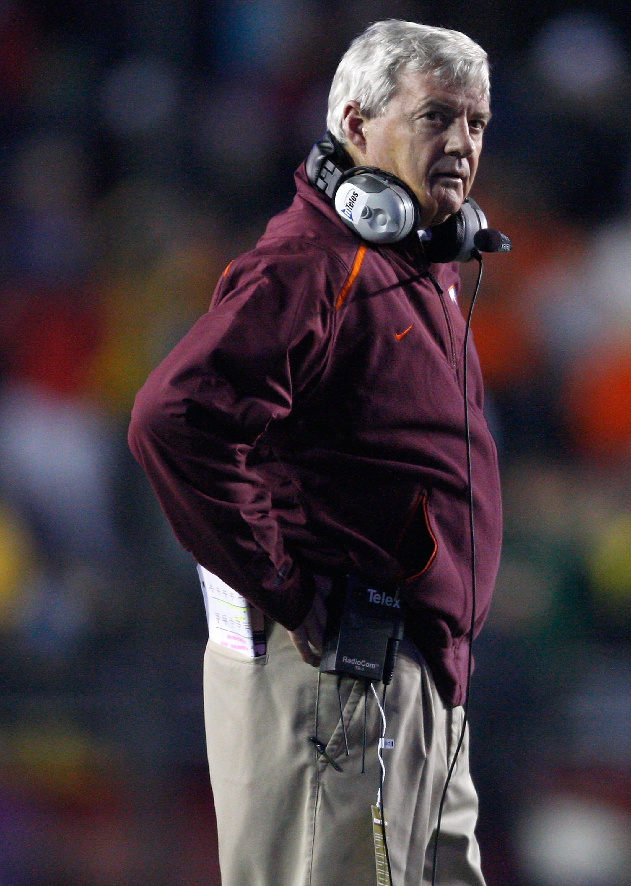 CHESTNUT HILL, MA - OCTOBER 18:  Coach Frank Beamer of the Virginia Tech Hokies reacts against the Boston College Eagles on October 18, 2008 at Alumni Stadium in Chestnut Hill, Massachusetts.  (Photo by Jim Rogash/Getty Images)
