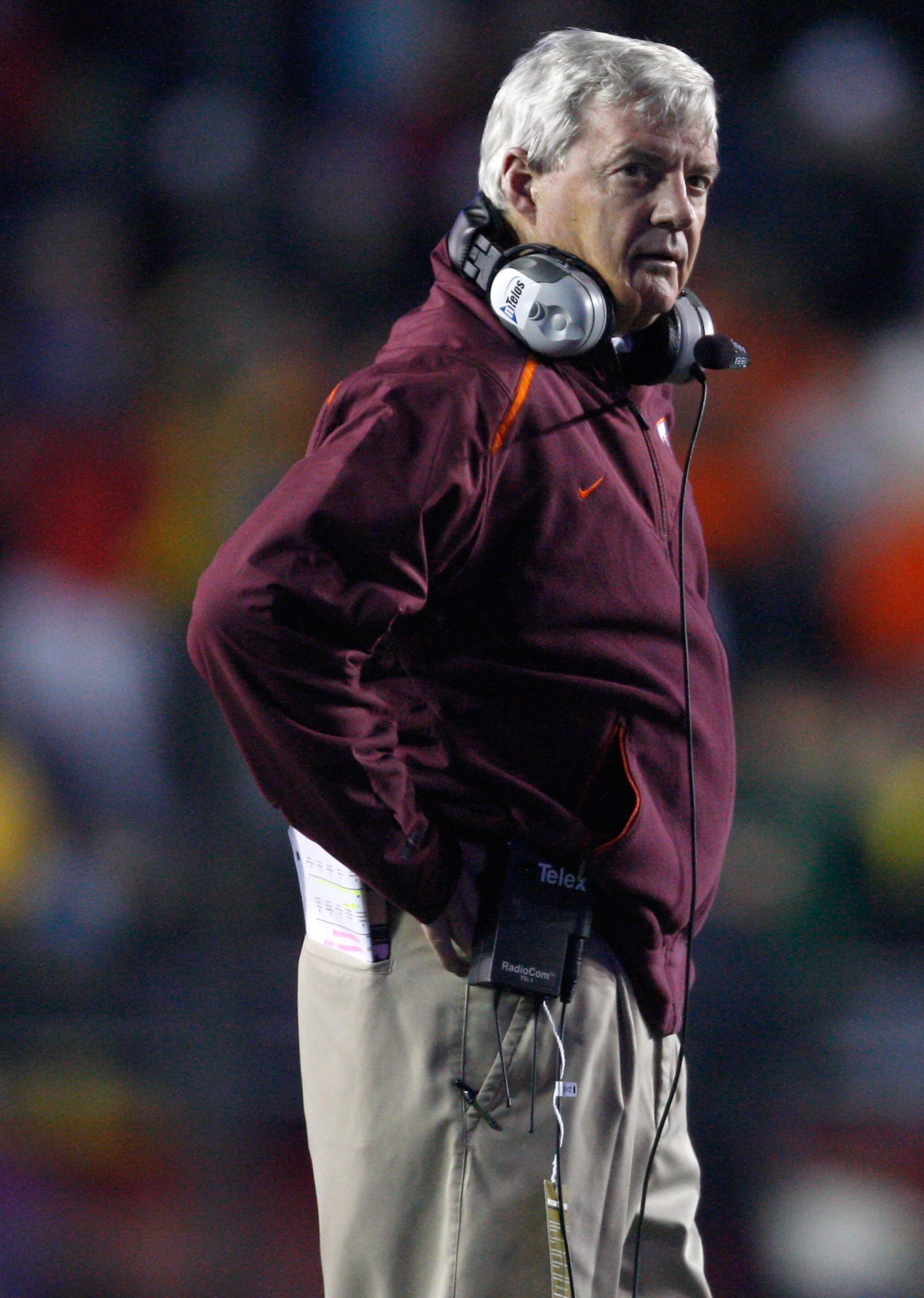 CHESTNUT HILL, MA - OCTOBER 18:  Coach Frank Beamer of the Virginia Tech Hokies reacts against the Boston College Eagles on October 18, 2008 at Alumni Stadium in Chestnut Hill, Massachusetts.  (Photo by Jim Rogash/Getty Images)