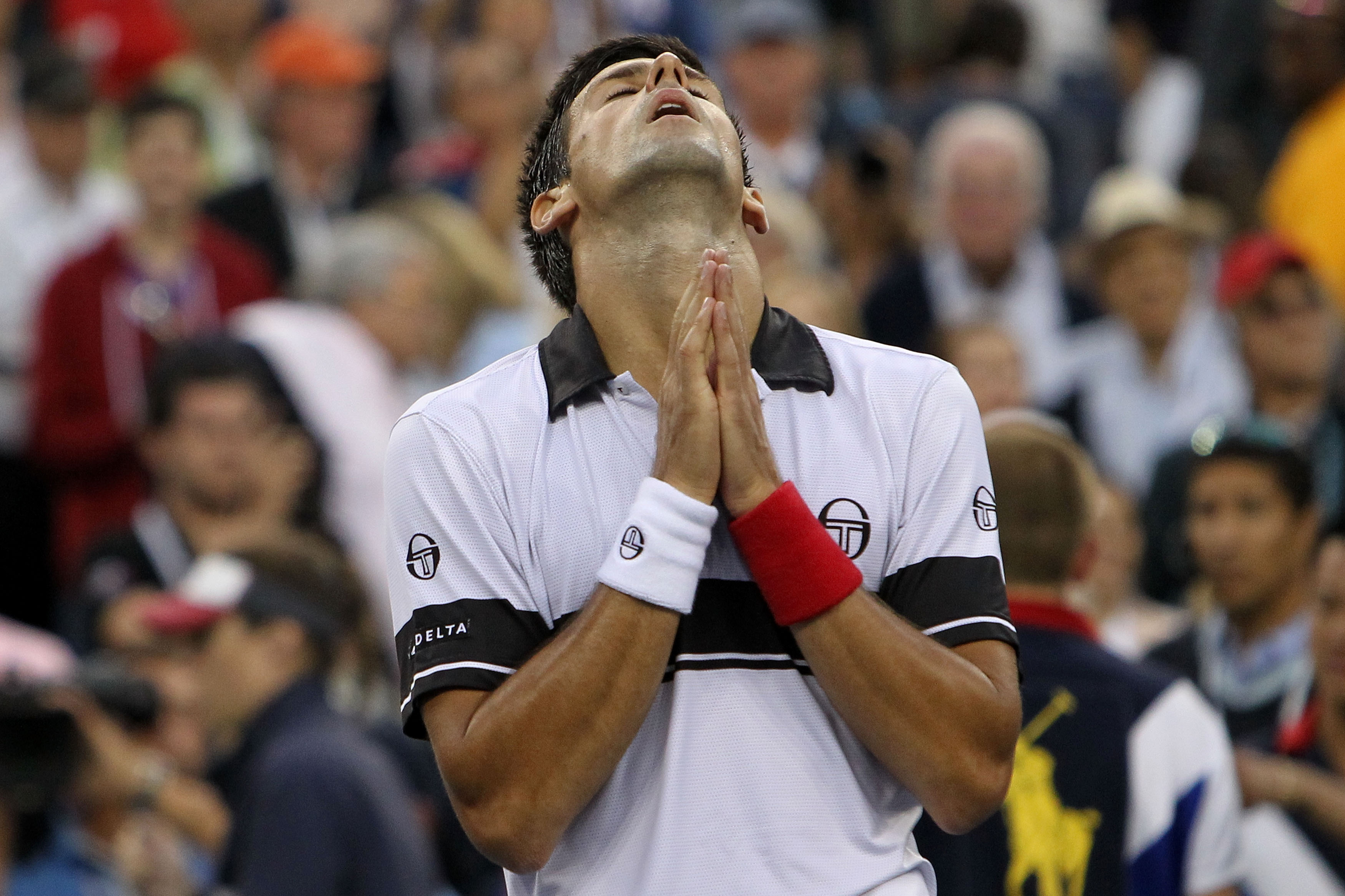 NEW YORK - SEPTEMBER 11: Novak Djokovic of Serbia celebrates defeating Roger Federer of Switzerland to win his men's singles semifinal match on day thirteen of the 2010 U.S. Open at the USTA Billie Jean King National Tennis Center on September 11, 2010 i NEW YORK - SEPTEMBER 11: Novak Djokovic of Serbia celebrates defeating Roger Federer of Switzerland to win his men's singles semifinal match on day thirteen of the 2010 U.S. Open at the USTA Billie Jean King National Tennis Center on September 11, 2010 i