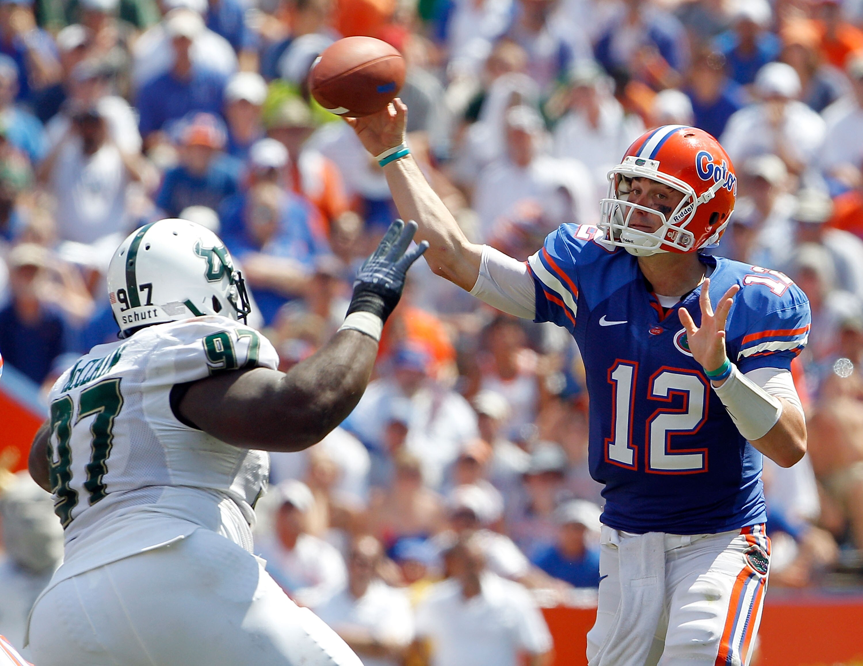 GAINESVILLE, FL - SEPTEMBER 11: Quarterback John Brantley #12 of the Florida Gators attempts a pass during a game against the South Florida Bulls at Ben Hill Griffin Stadium on September 11, 2010 in Gainesville, Florida. (Photo by Sam Greenwood/Getty Im GAINESVILLE, FL - SEPTEMBER 11: Quarterback John Brantley #12 of the Florida Gators attempts a pass during a game against the South Florida Bulls at Ben Hill Griffin Stadium on September 11, 2010 in Gainesville, Florida. (Photo by Sam Greenwood/Getty Im