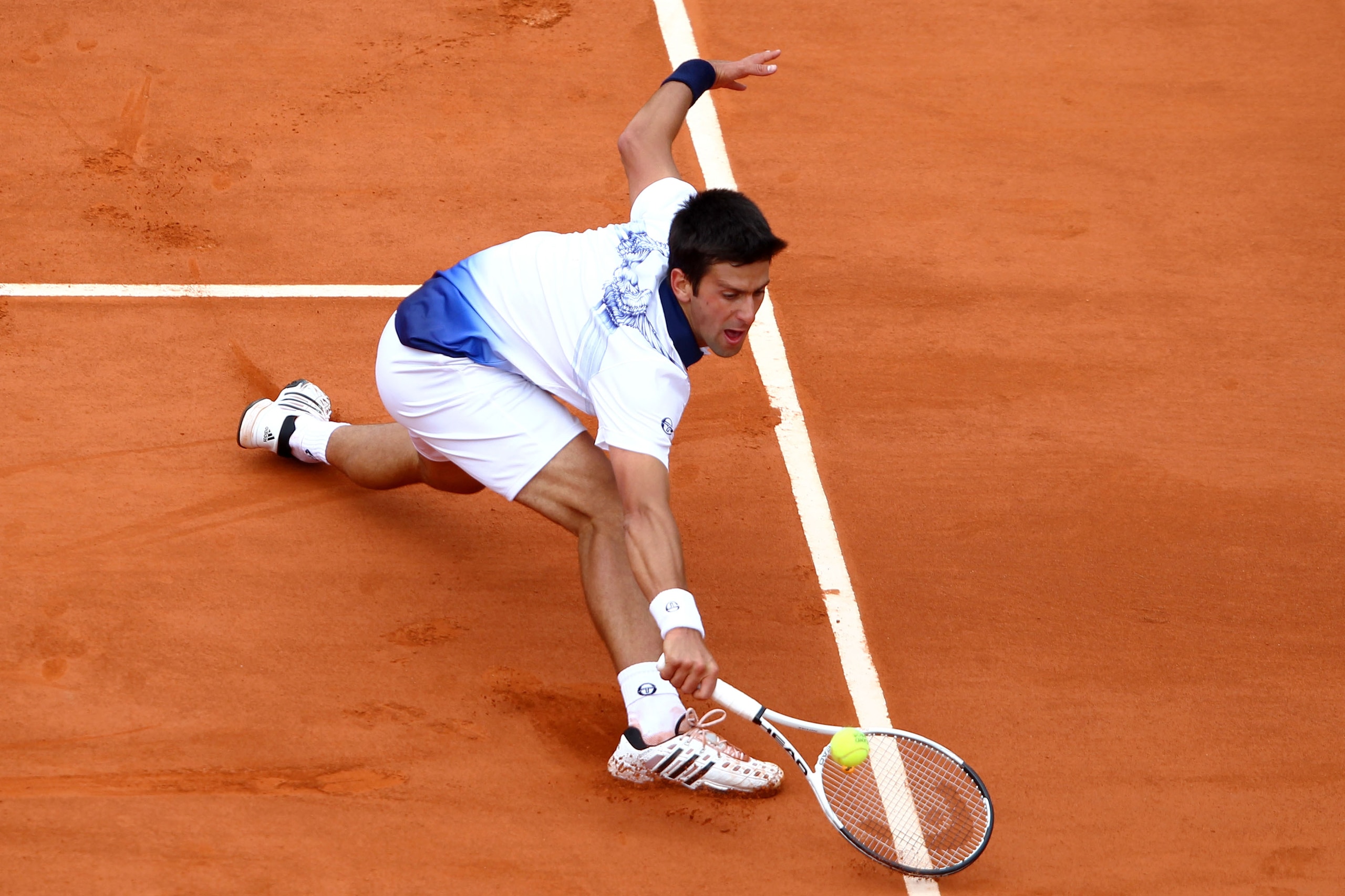 PARIS - MAY 29: Novak Djokovic of Serbia plays a backhand volley during the men's singles third round match between Novak Djokovic of Serbia and Victor Hanescu of Romania at the French Open on day seven of the French Open at Roland Garros on May 29, 2010 PARIS - MAY 29: Novak Djokovic of Serbia plays a backhand volley during the men's singles third round match between Novak Djokovic of Serbia and Victor Hanescu of Romania at the French Open on day seven of the French Open at Roland Garros on May 29, 2010