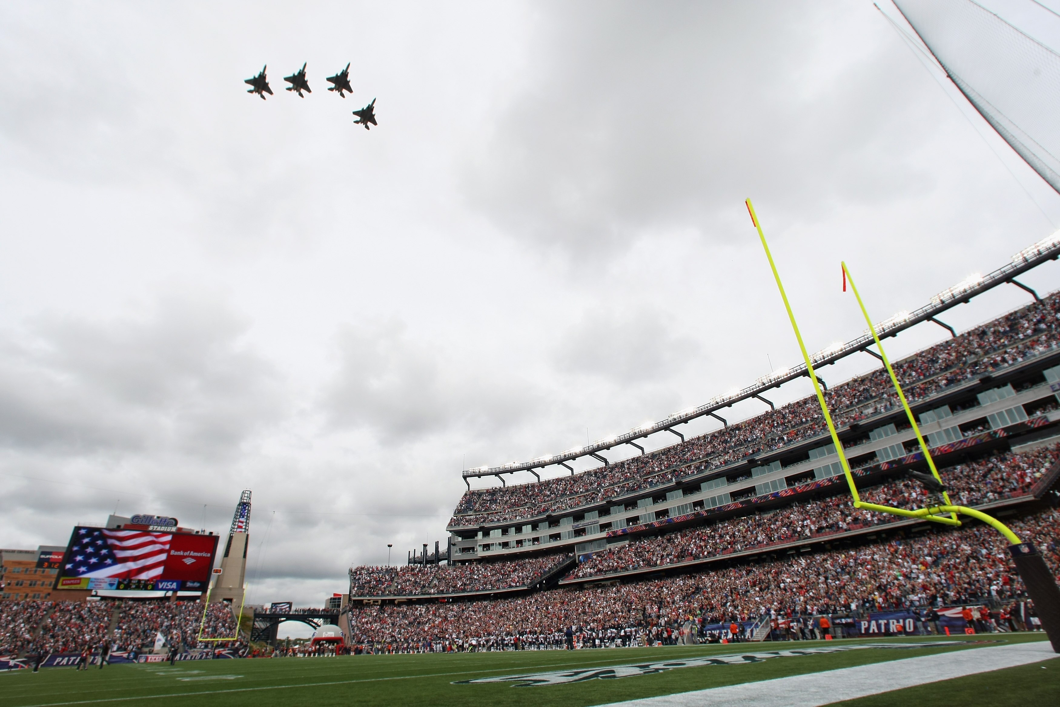 FOXBORO, MA - SEPTEMBER 12:  Jets fly over before the start of the game between the Cincinnati Bengals and the New England Patriots during the NFL season opener on September 12, 2010 at Gillette Stadium in Foxboro, Massachusetts.  (Photo by Elsa/Getty Ima