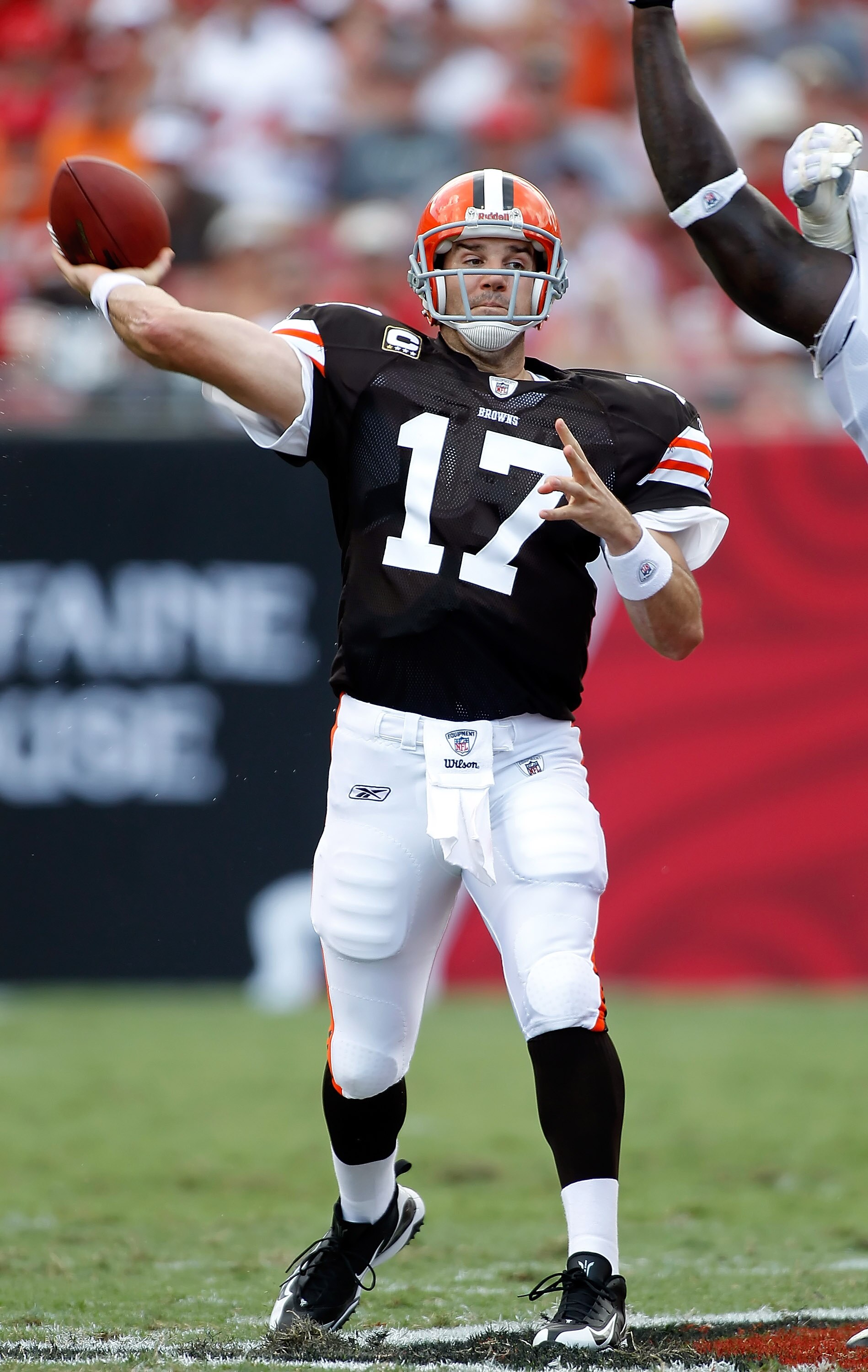 TAMPA, FL - SEPTEMBER 12:  Quarterback Jake Delhomme #17 of the Cleveland Browns throws a pass against the Tampa Bay Buccaneers during the NFL season opener game at Raymond James Stadium on September 12, 2010 in Tampa, Florida.  (Photo by J. Meric/Getty I