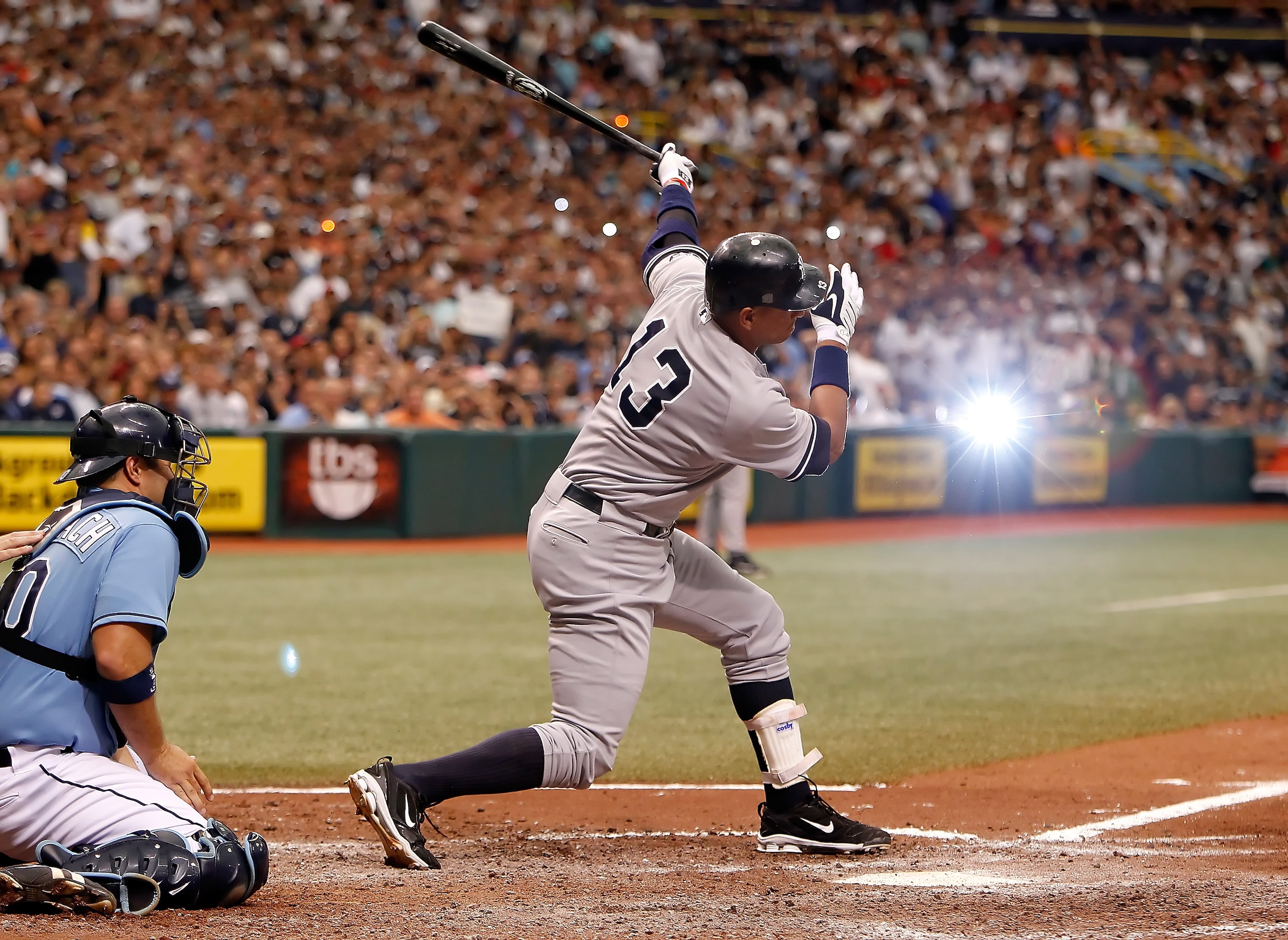 ST. PETERSBURG - AUGUST 01:  Pinch hitter Alex Rodriguez #13 of the New York Yankees fouls off a pitch against the Tampa Bay Rays during the game at Tropicana Field on August 1, 2010 in St. Petersburg, Florida. Tampa Bay beat the Yankees 3-0.  (Photo by J