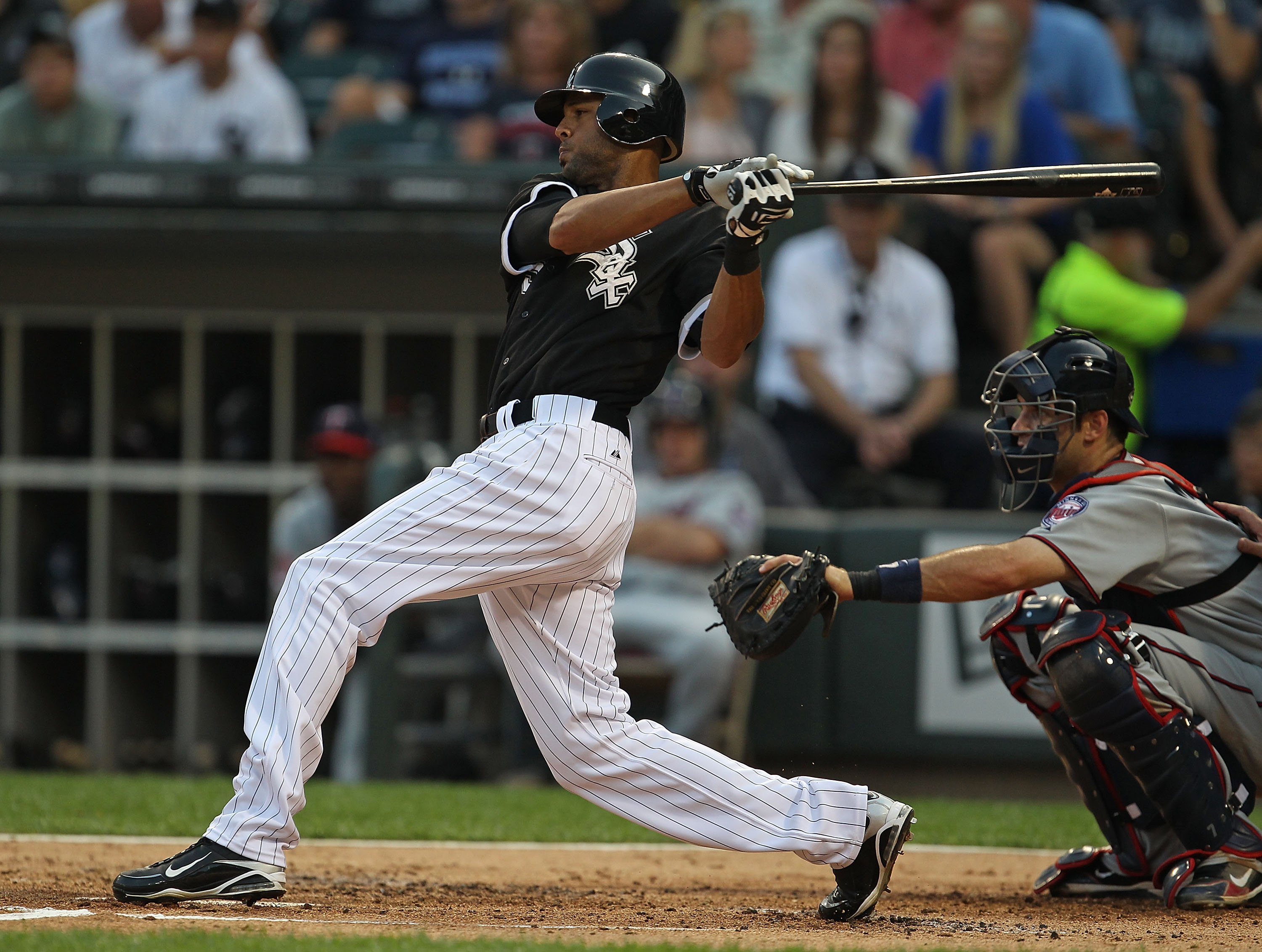 CHICAGO - AUGUST 10: Alex Rios #51 of the Chicago White Sox hits the ball against the Minnesota Twins at U.S. Cellular Field on August 10, 2010 in Chicago, Illinois. The Twins defeated the White Sox 12-6. (Photo by Jonathan Daniel/Getty Images) CHICAGO - AUGUST 10: Alex Rios #51 of the Chicago White Sox hits the ball against the Minnesota Twins at U.S. Cellular Field on August 10, 2010 in Chicago, Illinois. The Twins defeated the White Sox 12-6. (Photo by Jonathan Daniel/Getty Images)