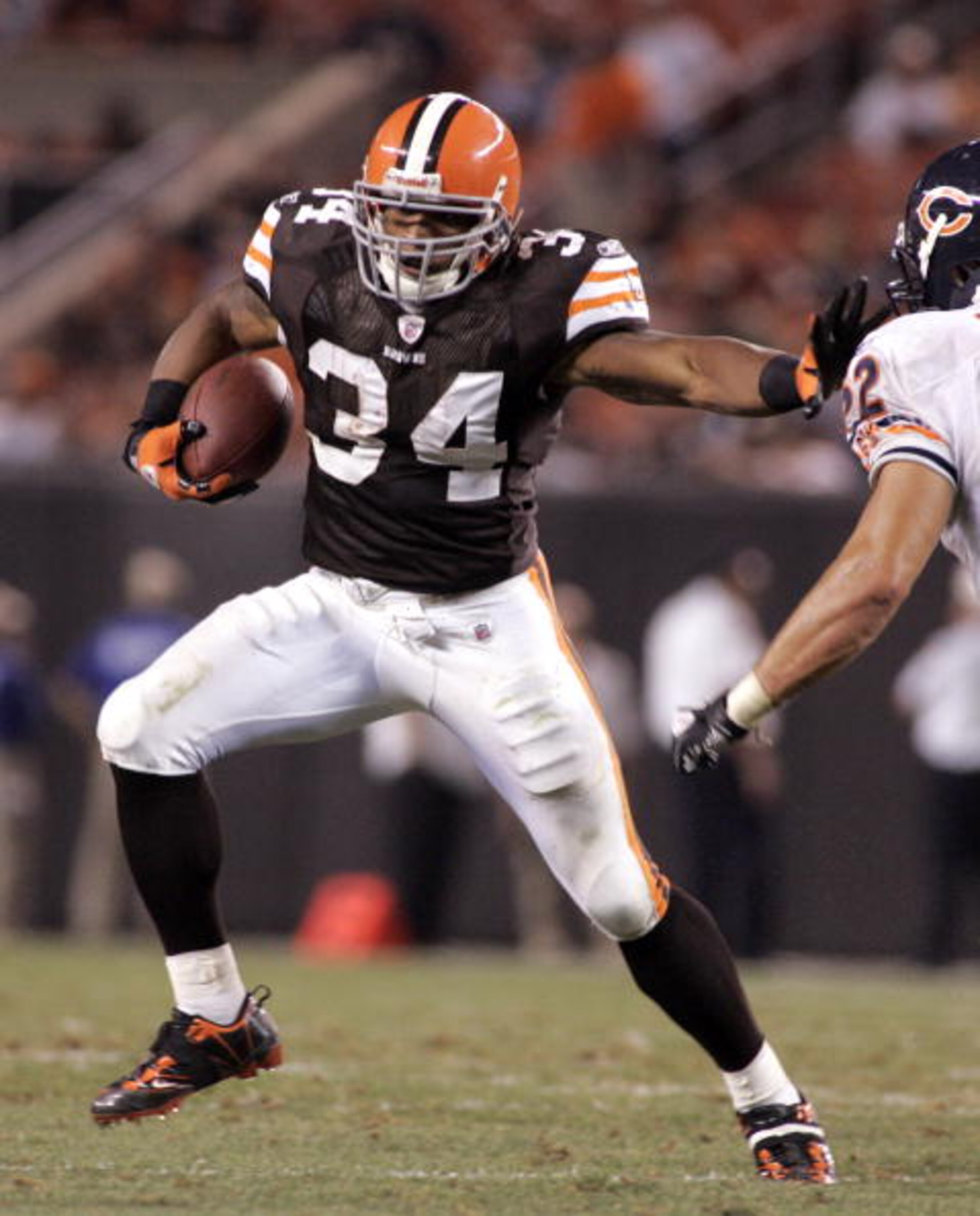 CLEVELAND - SEPTEMBER 2: Chris Jennings #34 of the Cleveland Browns carries the ball up field against the Chicago Bears during the preseason game on September 2, 2010 at Cleveland Browns Stadium in Cleveland, Ohio. The Browns defeated the Bears 13-10. (Ph