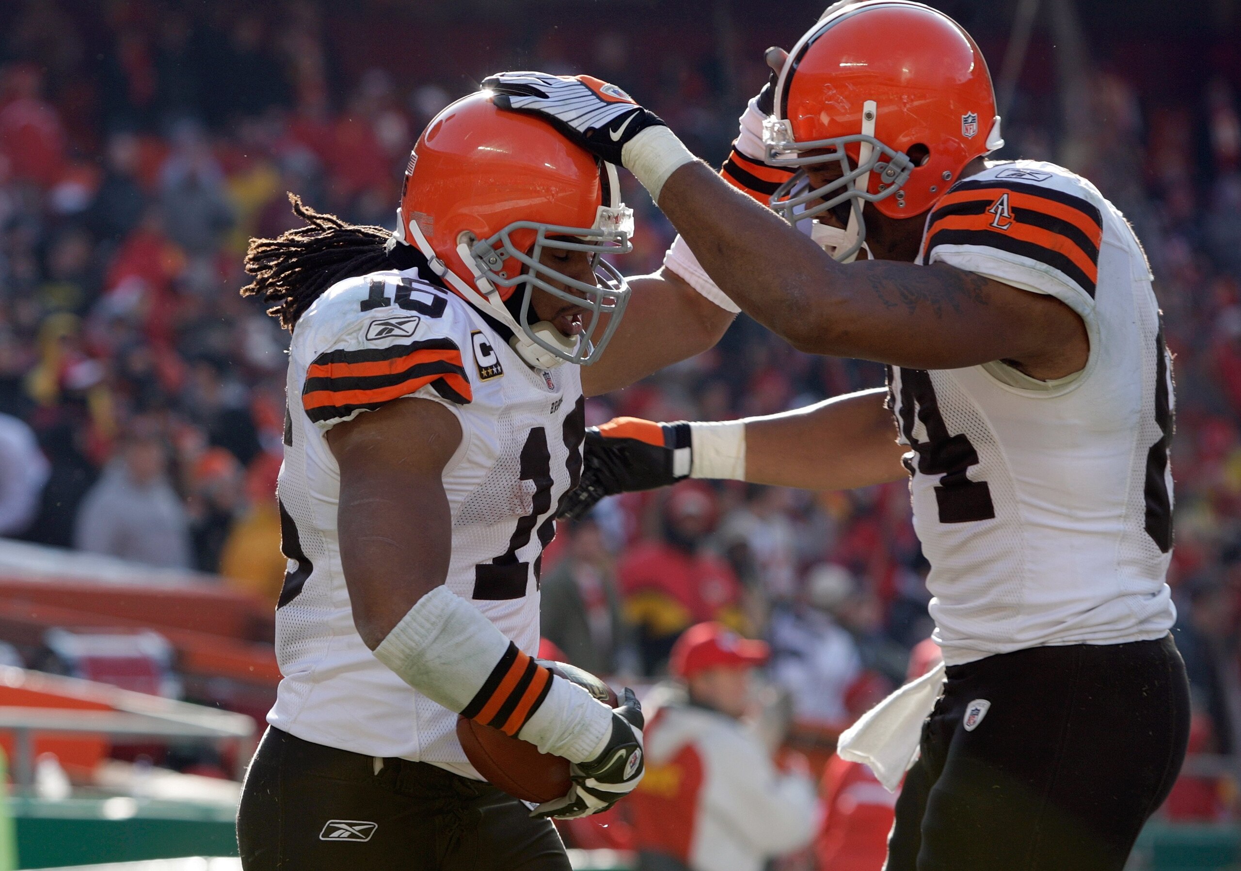 KANSAS CITY, MO - DECEMBER 20:  Joshua Cribbs #16 and Robert Royal #84 of the Cleveland Browns celebrate after a play during their NFL game against the Kansas City Chiefs on December 20, 2009 at Arrowhead Stadium in Kansas City, Missouri. The Browns defea