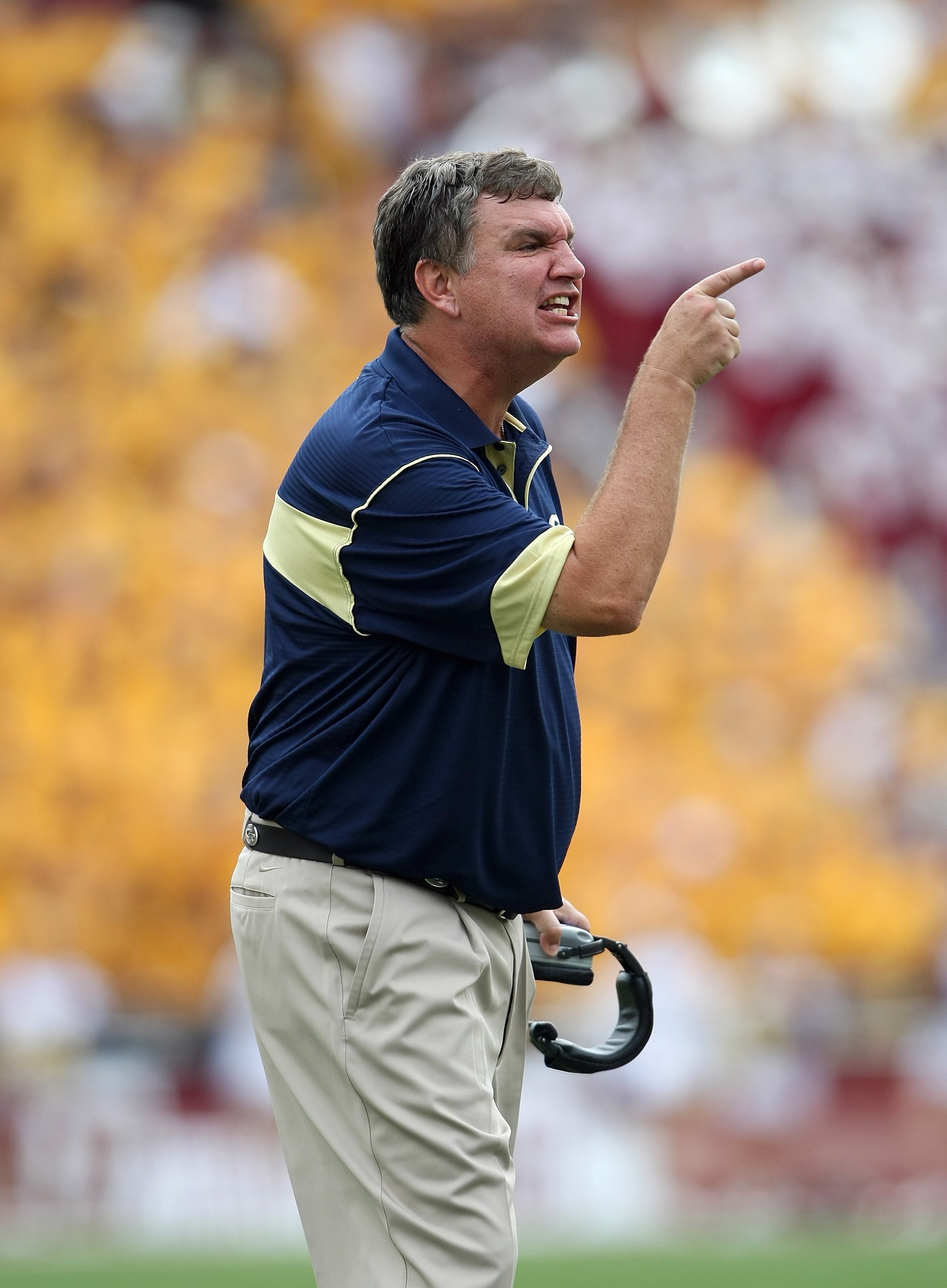 CHESTNUT HILL, MA - SEPTEMBER 6:  Head Coach Paul Johnson of the Georgia Tech Yellow Jackets reacts near the sideline during their game against the Boston College Eagles on September 6, 2008 at Alumni Stadium in Chestnut Hill, Massachusetts. The Yellow Ja