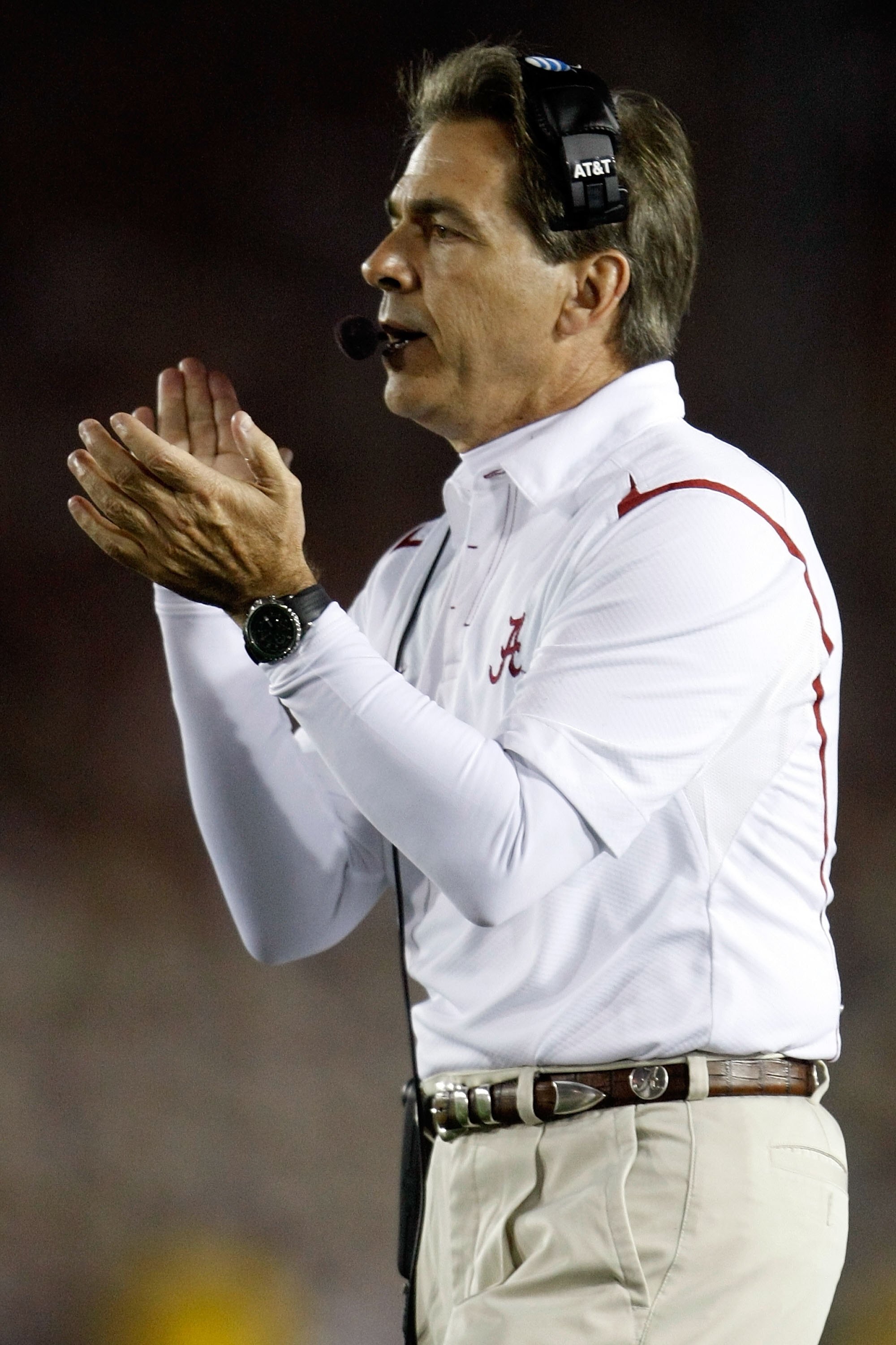 PASADENA, CA - JANUARY 07:  Head Coach Nick Saban of the Alabama Crimson Tide reacts during the Citi BCS National Championship game against the Texas Longhorns at the Rose Bowl on January 7, 2010 in Pasadena, California.  (Photo by Jeff Gross/Getty Images