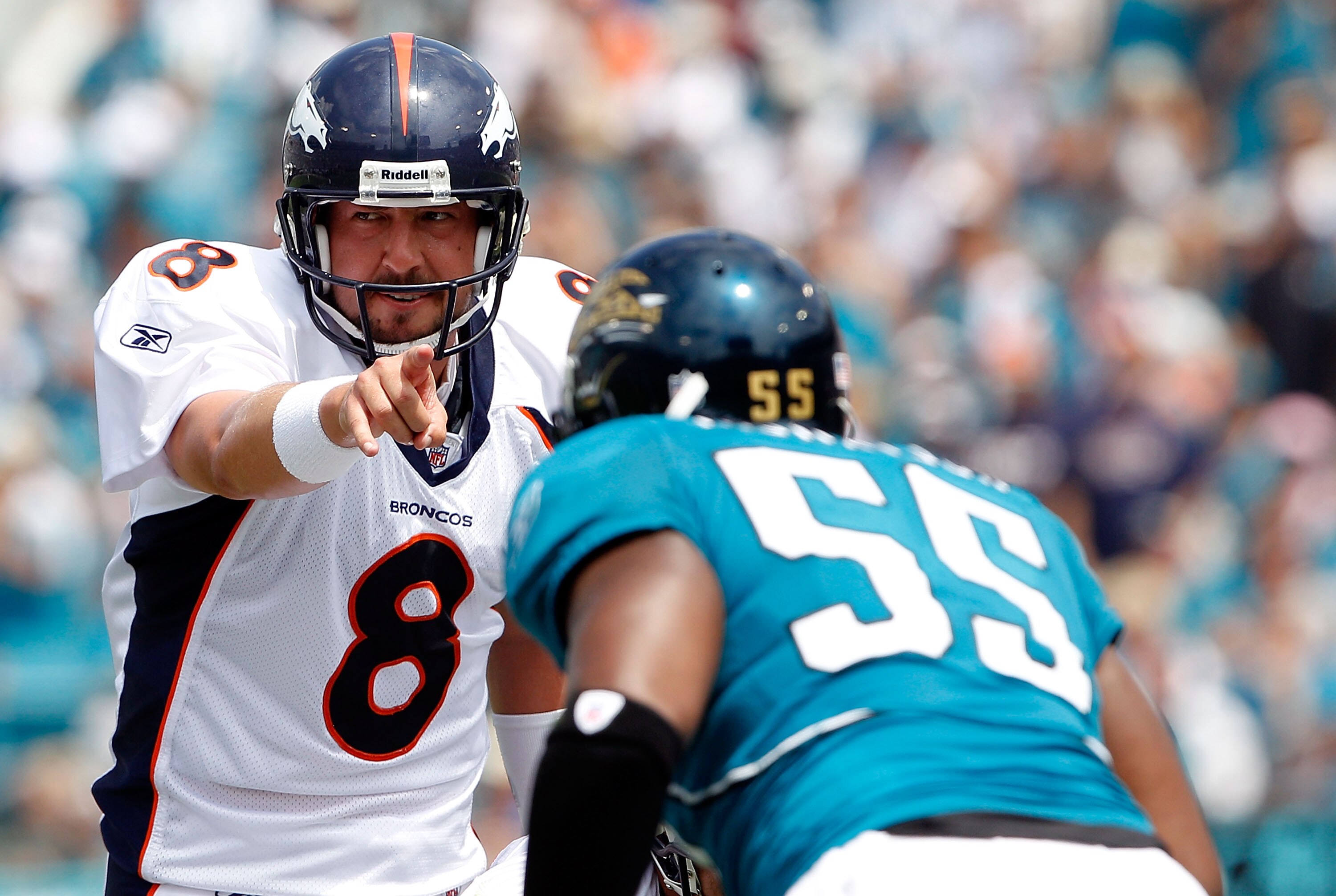 JACKSONVILLE, FL - SEPTEMBER 12:  Quarterback Kyle Orton #8 of the Denver Broncos calls a signal during the NFL season opener game against the Jacksonville Jaguars at EverBank Field on September 12, 2010 in Jacksonville, Florida.  (Photo by Sam Greenwood/